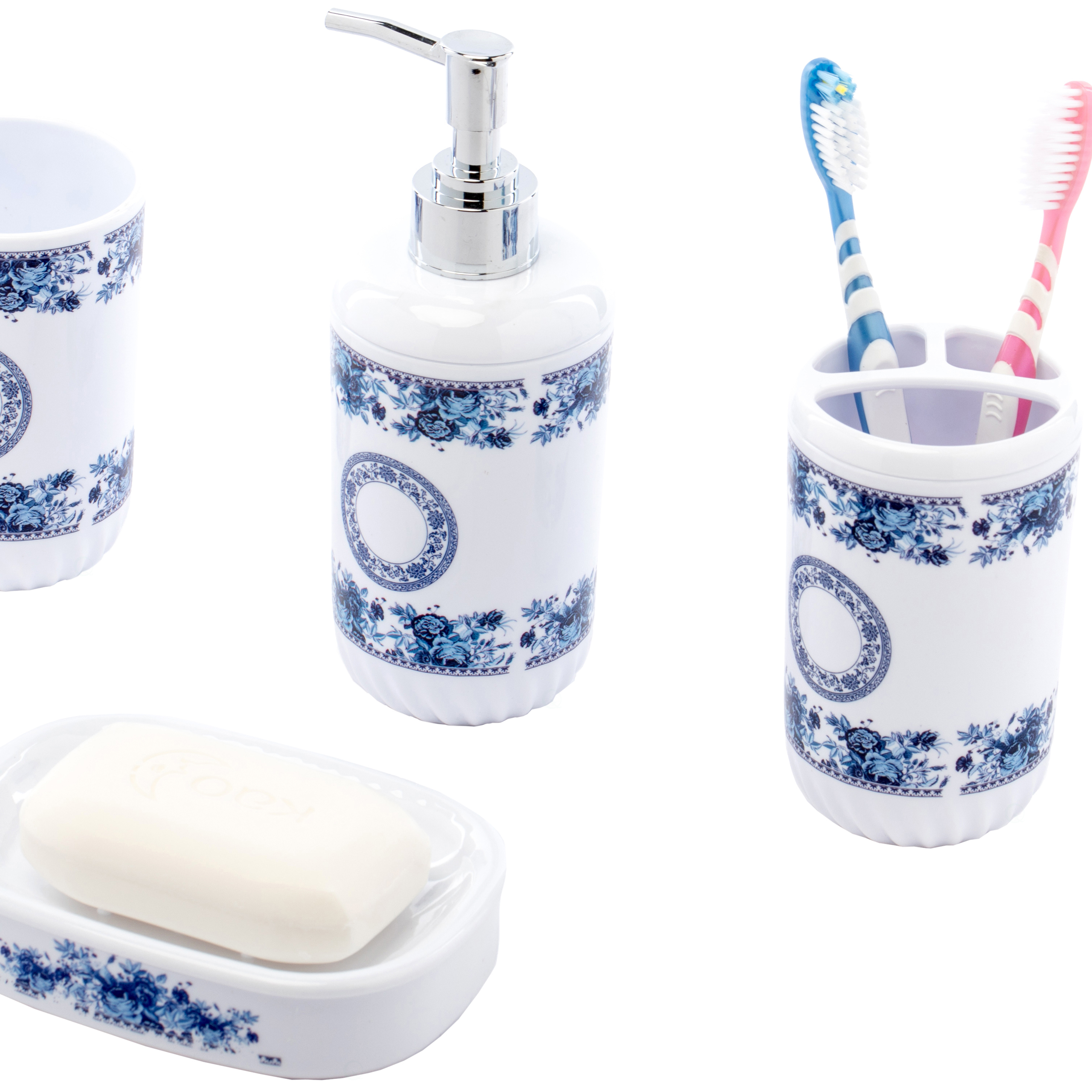 4 Piece Bathroom Accessory Set - Includes Soap Dispenser, Toothbrush Holder, Tumbler, And Soap Dish, White