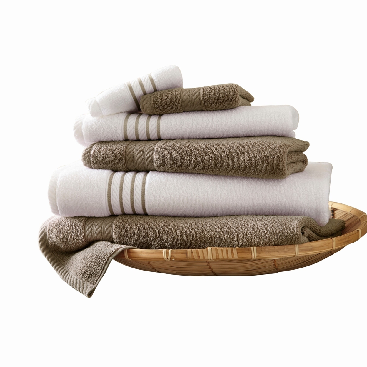 Dana 6 Piece Soft Egyptian Cotton Towel Set, Striped Pattern, Taupe, White- Saltoro Sherpi