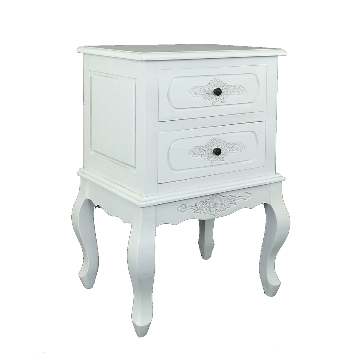 Mary 27 Inch Classic Wood Square Cabinet Table, 2 Drawers, Floral, White- Saltoro Sherpi- Saltoro Sherpi