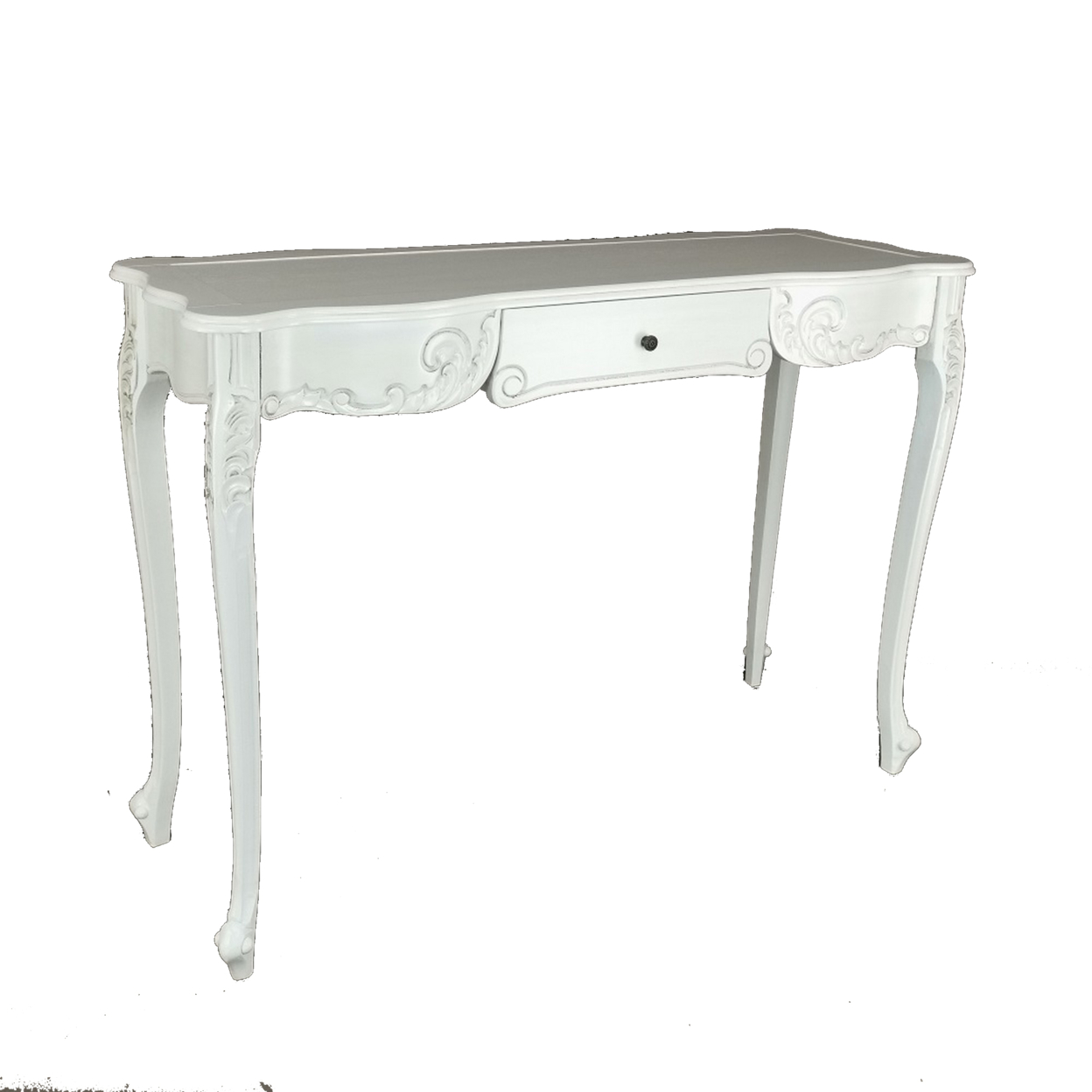 Troy 32 Inch Classic Wood Console Table, 1 Drawer, Floral Cared, White- Saltoro Sherpi- Saltoro Sherpi