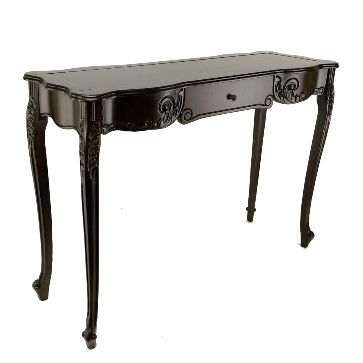 Troy 32 Inch Classic Wood Console Table, 1 Drawer, Floral Cared, Brown- Saltoro Sherpi- Saltoro Sherpi