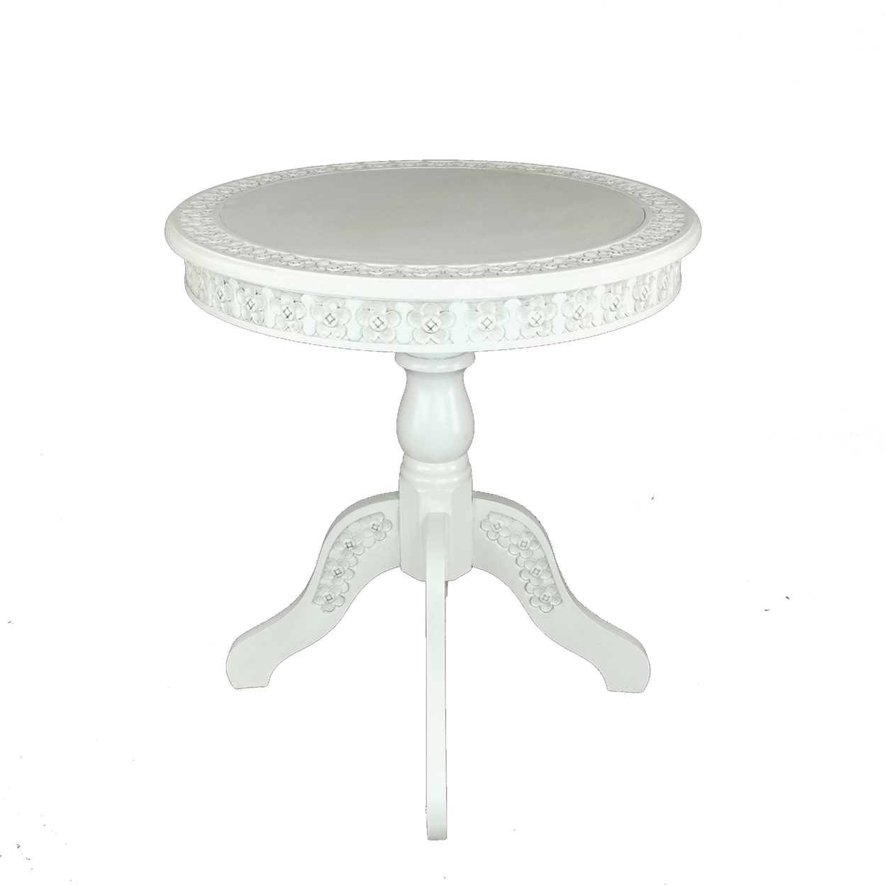 Theo 26 Inch Classic Wood Side Table, Round Tabletop, Floral Cared, White- Saltoro Sherpi- Saltoro Sherpi