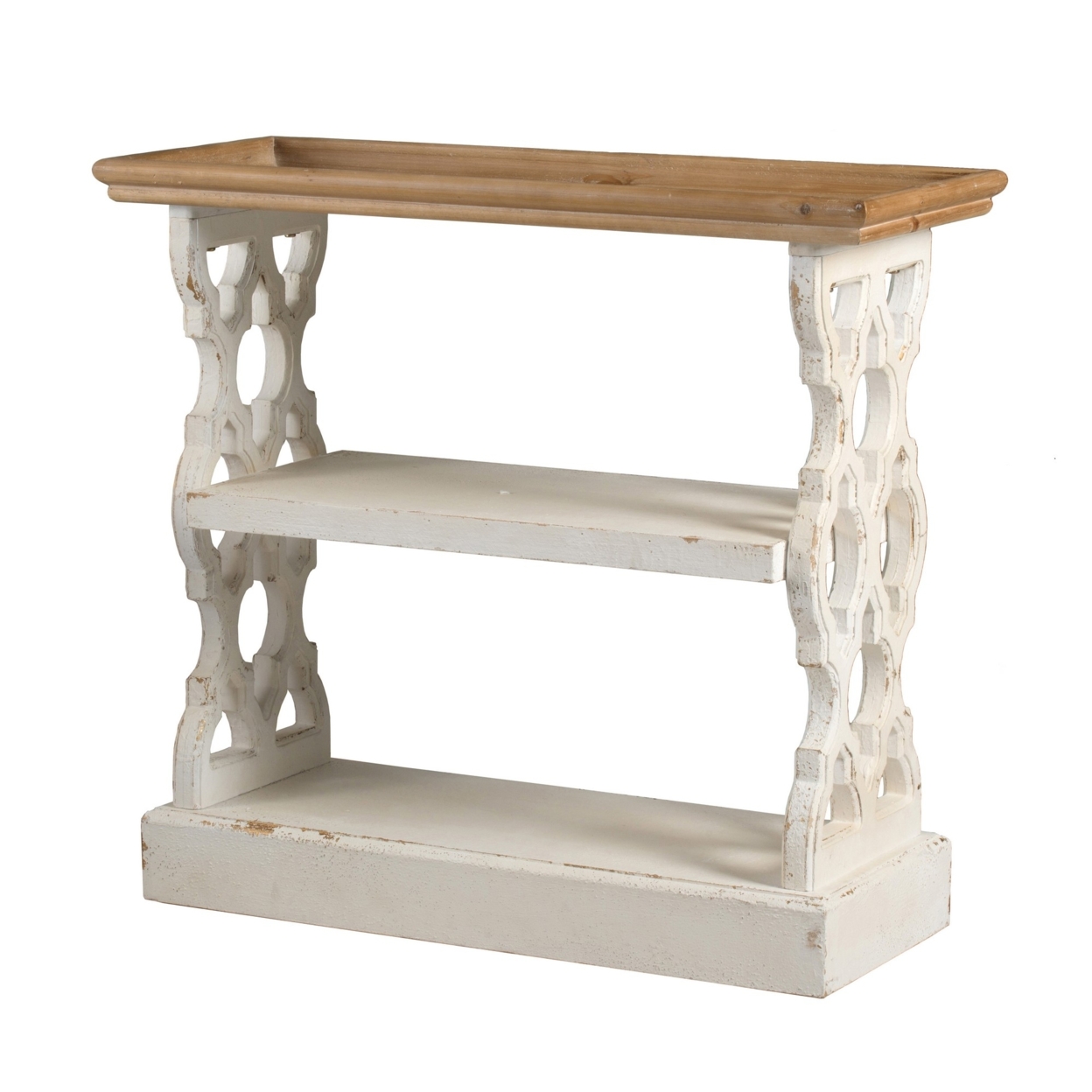 35 Inch 3 Tier Console Table, Fir Wood, Carved Panels, Brown And White- Saltoro Sherpi