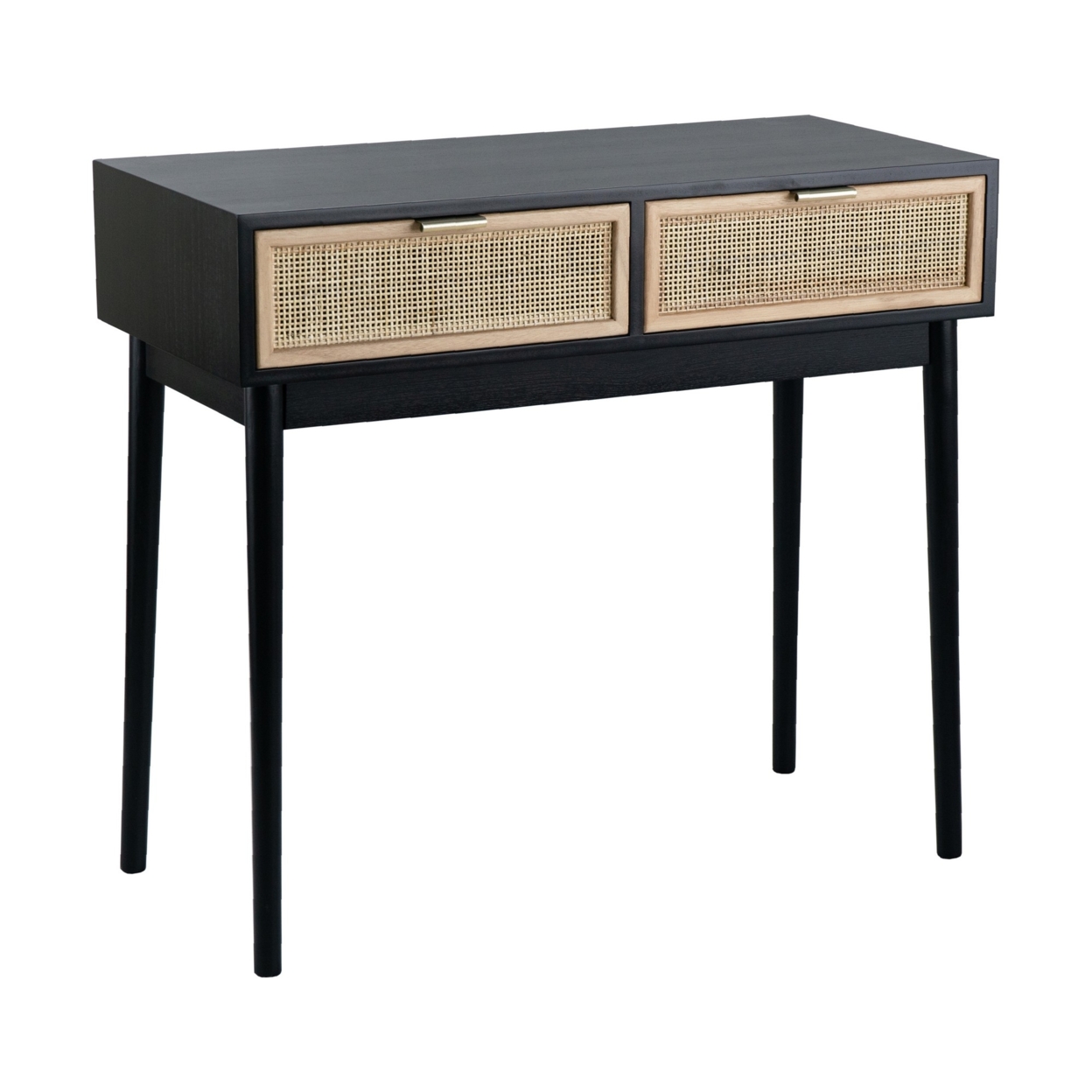 Ela 35 Inch 2 Drawer Wood Console Table, Woven Rattan Panels, Brown, Black- Saltoro Sherpi