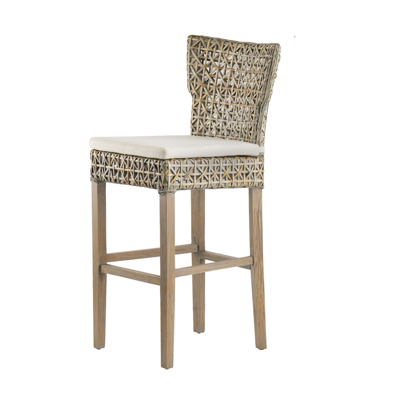 30 Inch Bar Chair, Wood Frame, Armless, Rattan Woven Seat, Classic, Gray, Saltoro Sherpi