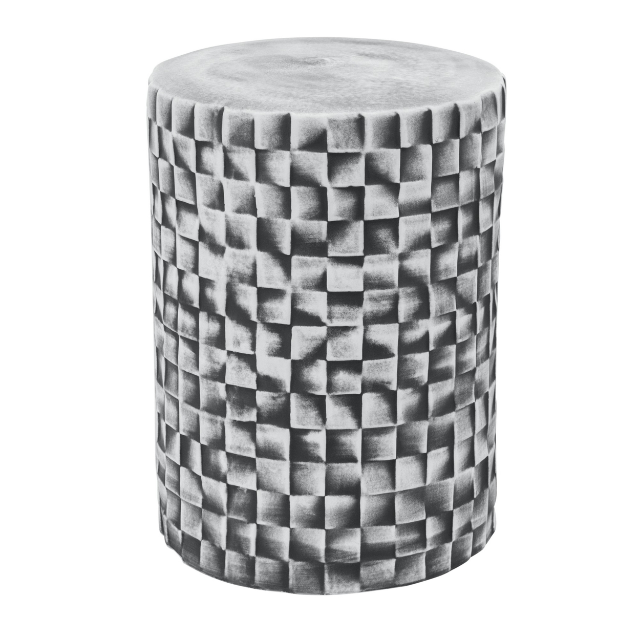 18 Inch Stool Table, Ceramic, Cylindrical, Textured Geometry, Outdoor, Gray, Saltoro Sherpi