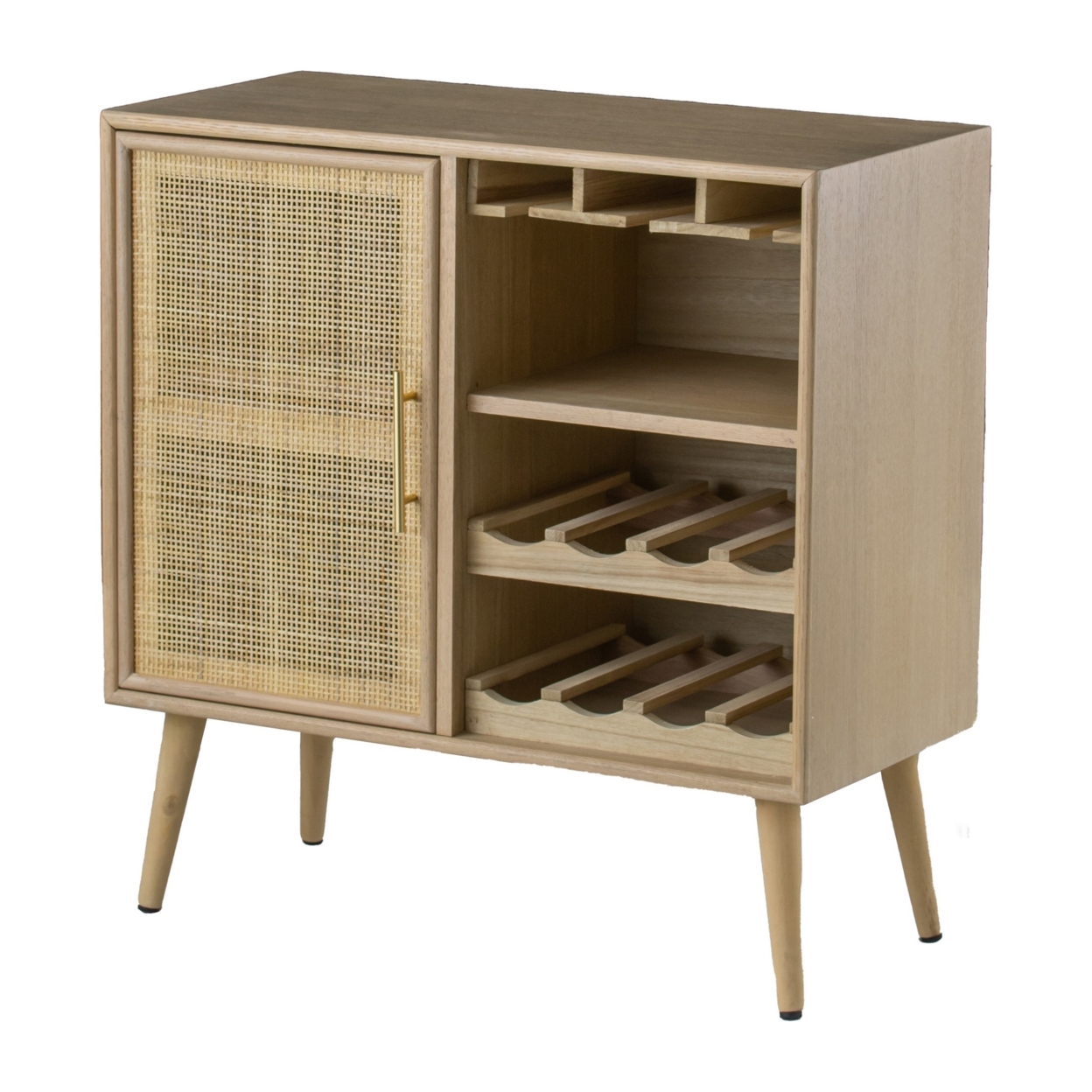 Dana 31 Inch Wood Wine Cabinet, 2 Shelves, Glass Hanger, Rattan Door, Brown, Saltoro Sherpi