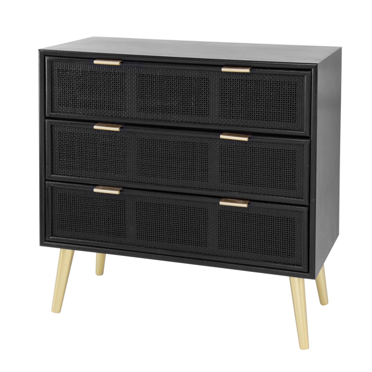 31 Inch Dresser Chest Cabinet, 3 Drawers, Woven Rattan, Modern, Black, Gold- Saltoro Sherpi