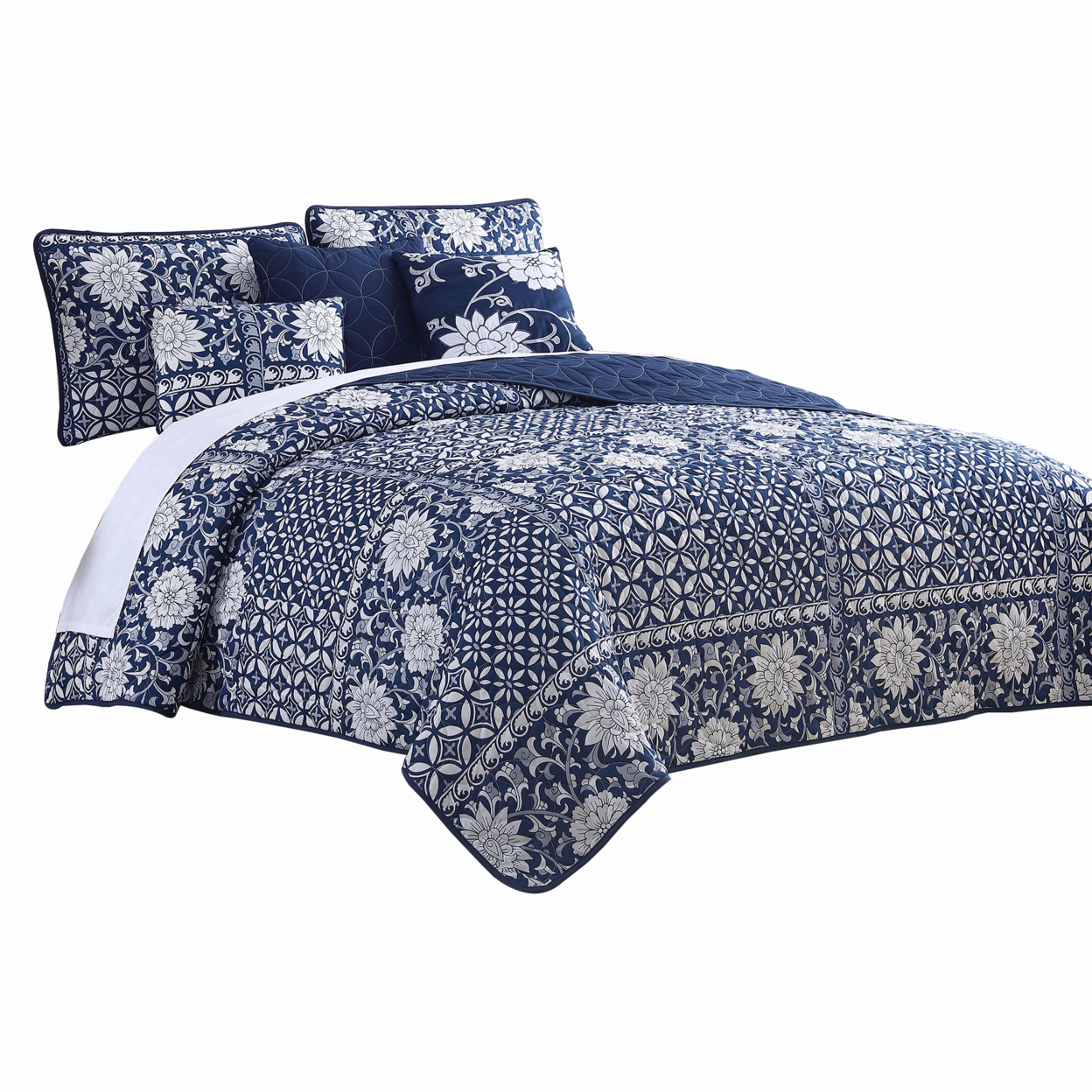 Ann 6 Piece King Size Polyester Quilt Set, Flowers, Reversible, Navy Blue- Saltoro Sherpi