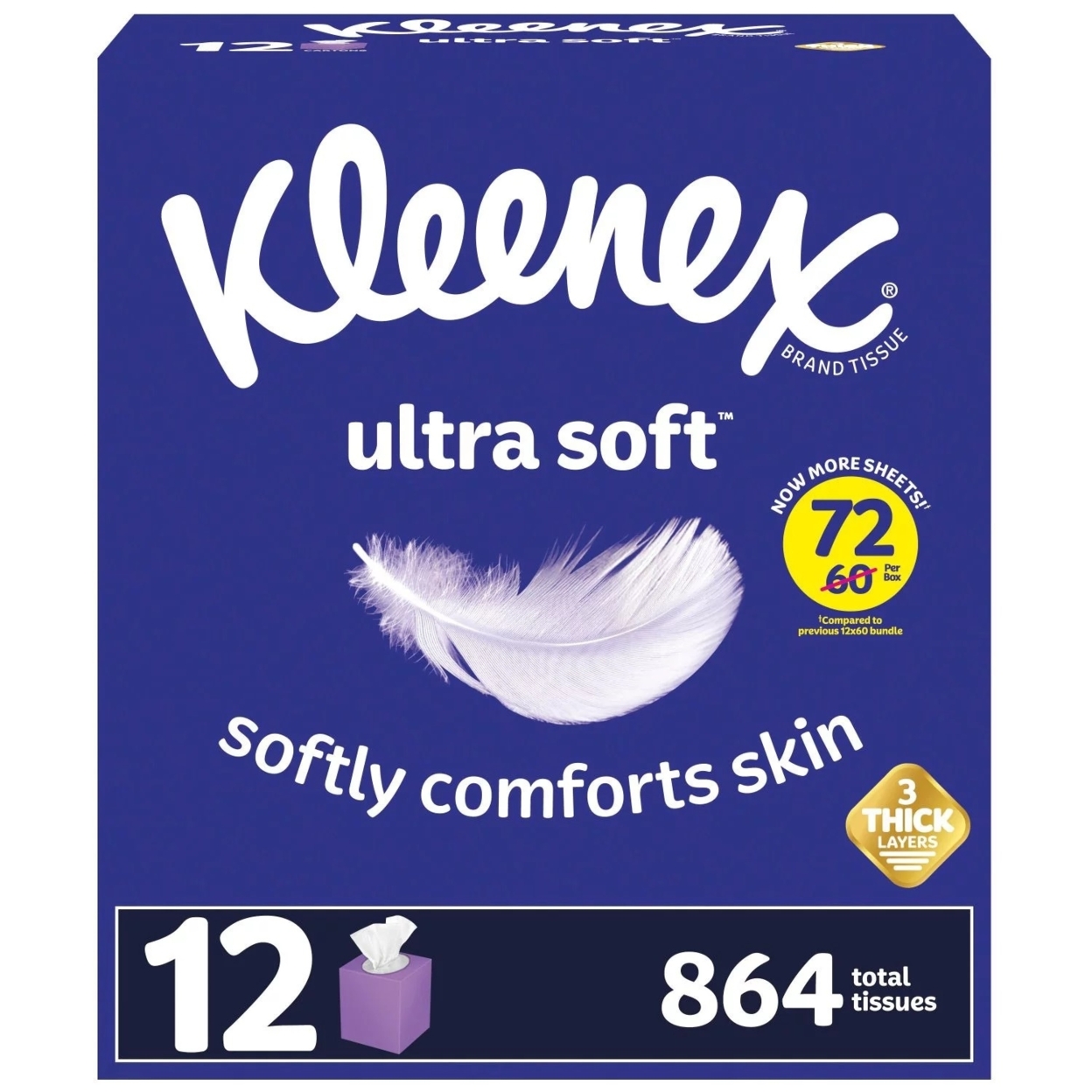 Kleenex Ultra Soft 3-Ply Facial Tissues, Cube Boxes (72 Tissues/Box, 12 Boxes)