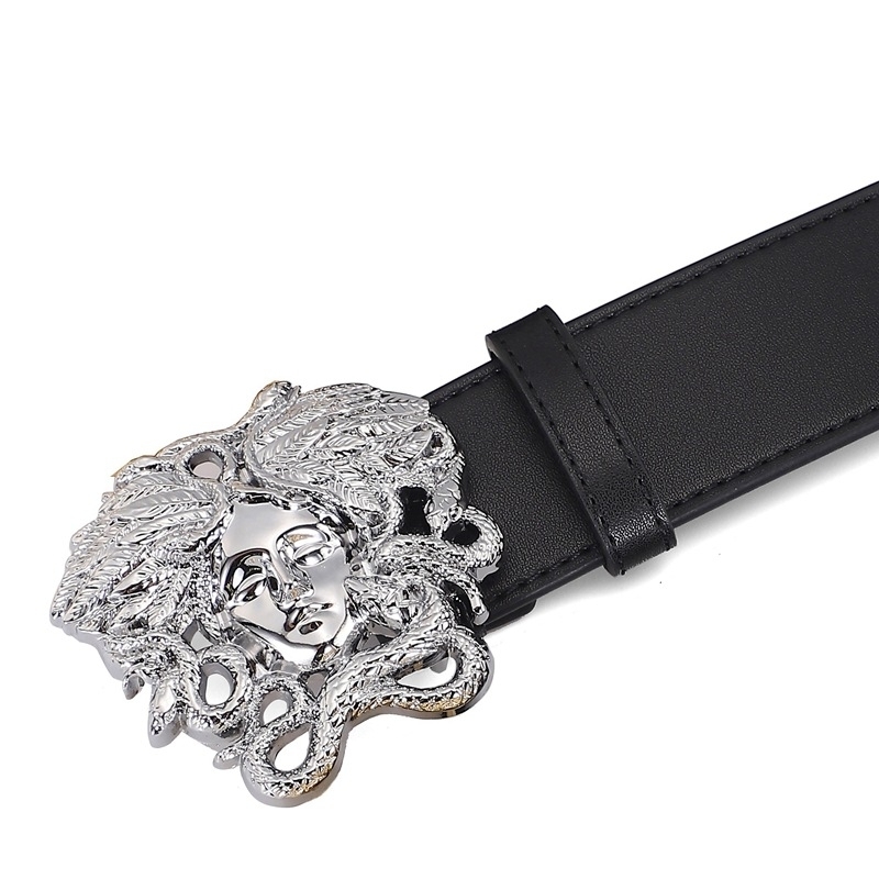 Hairdresser Belt Men Women Fashion Smooth Buckle Medusa Leather Belt - Silver, 115CM