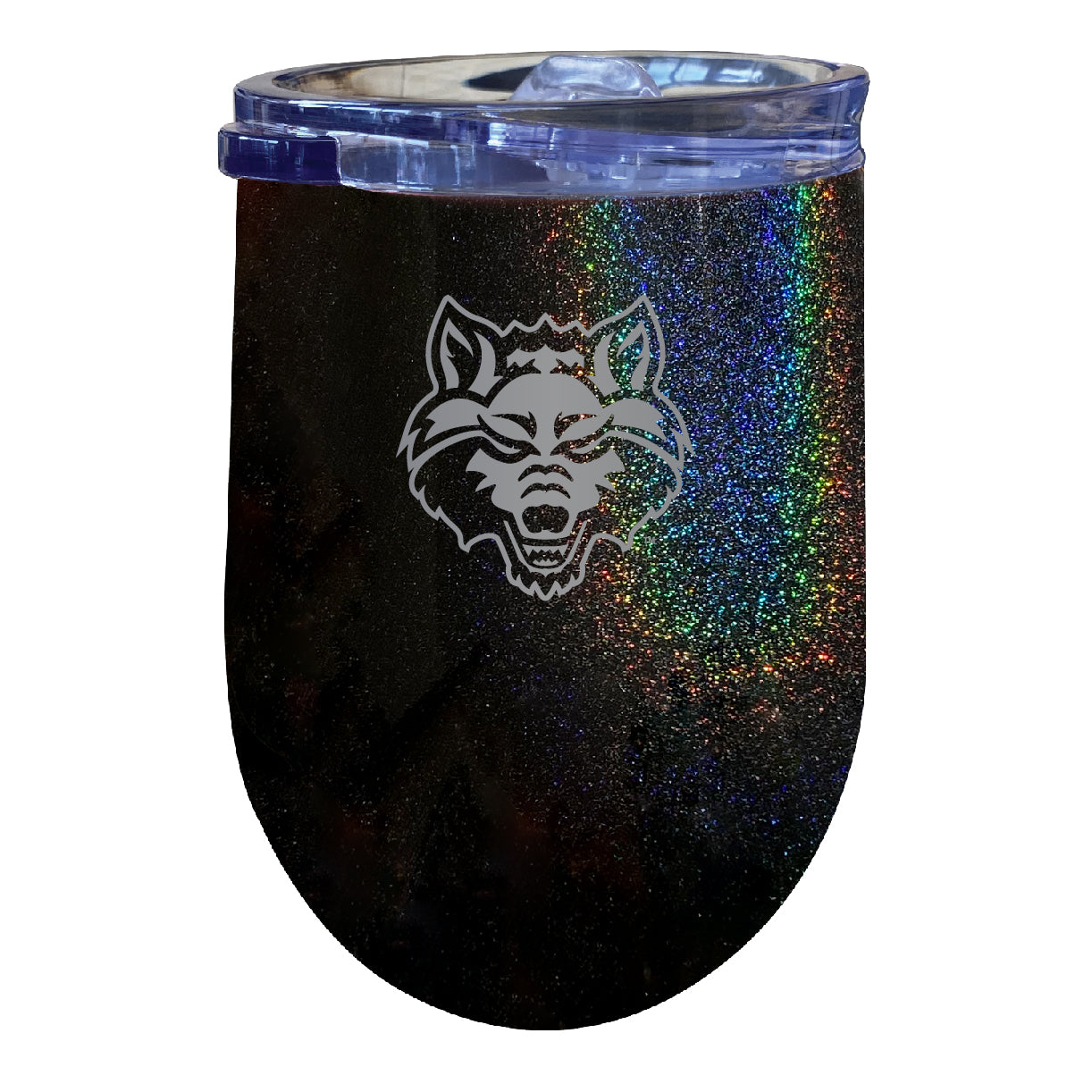 Arkansas State 12 Oz Laser Etched Insulated Wine Stainless Steel Tumbler Rainbow Glitter Black
