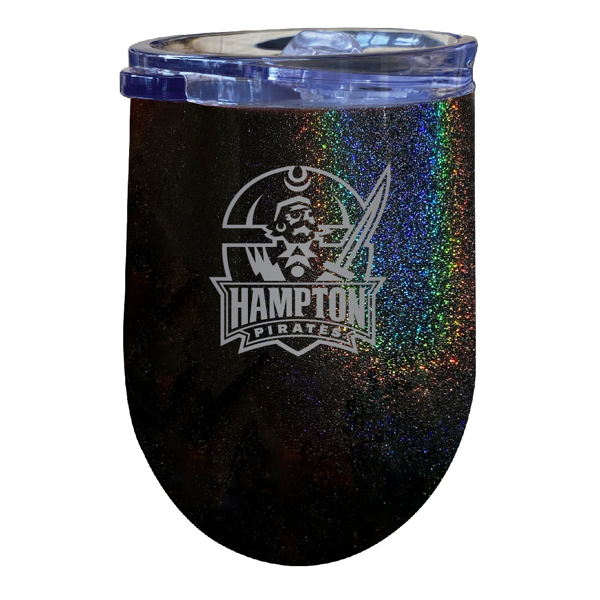 Hampton University 12 Oz Laser Etched Insulated Wine Stainless Steel Tumbler Rainbow Glitter Black