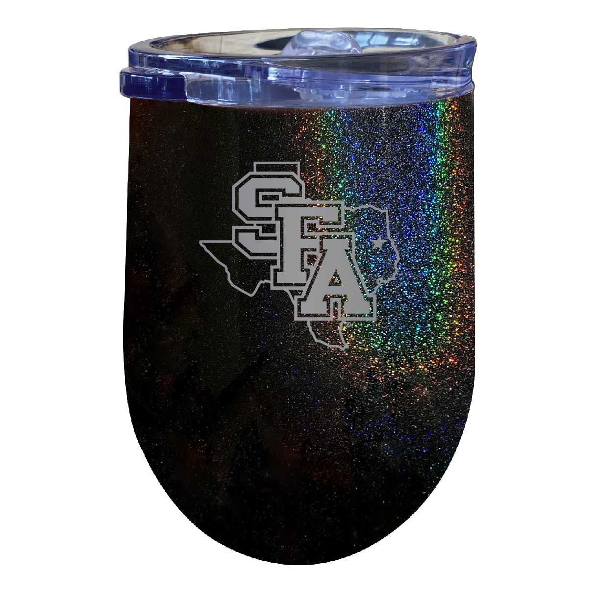 Stephen F. Austin State University 12 Oz Laser Etched Insulated Wine Stainless Steel Tumbler Rainbow Glitter Black