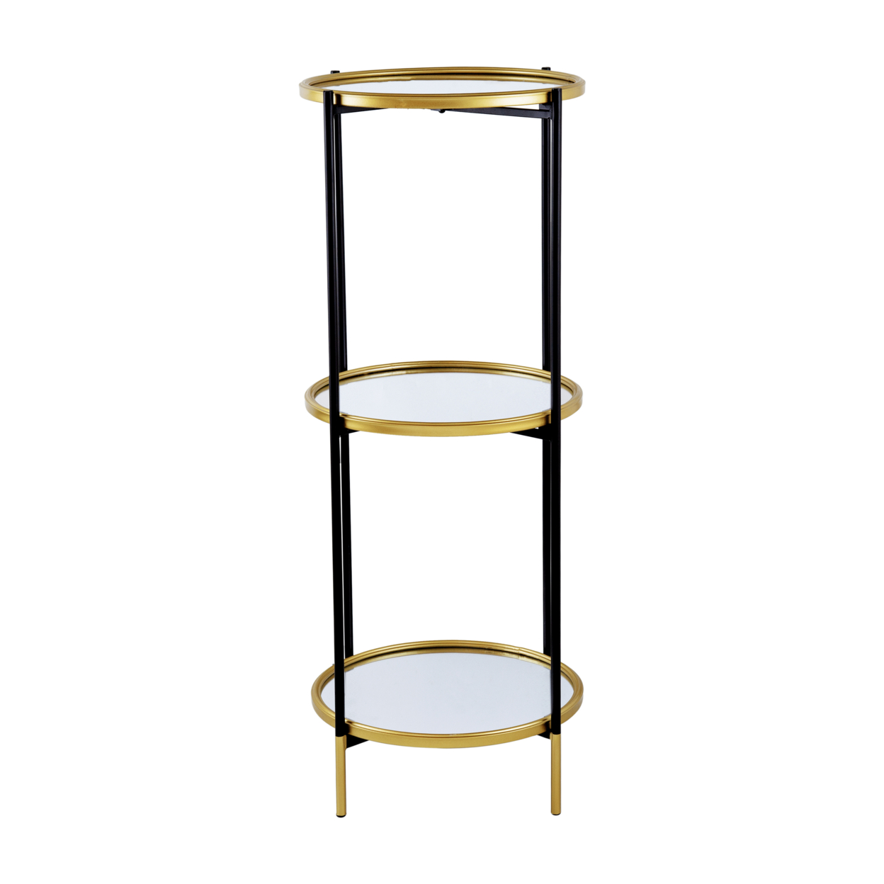 Ara 39 Inch Round 3 Tier Shelf, Metal, Mirrored Glass Shelves, Black, Gold- Saltoro Sherpi