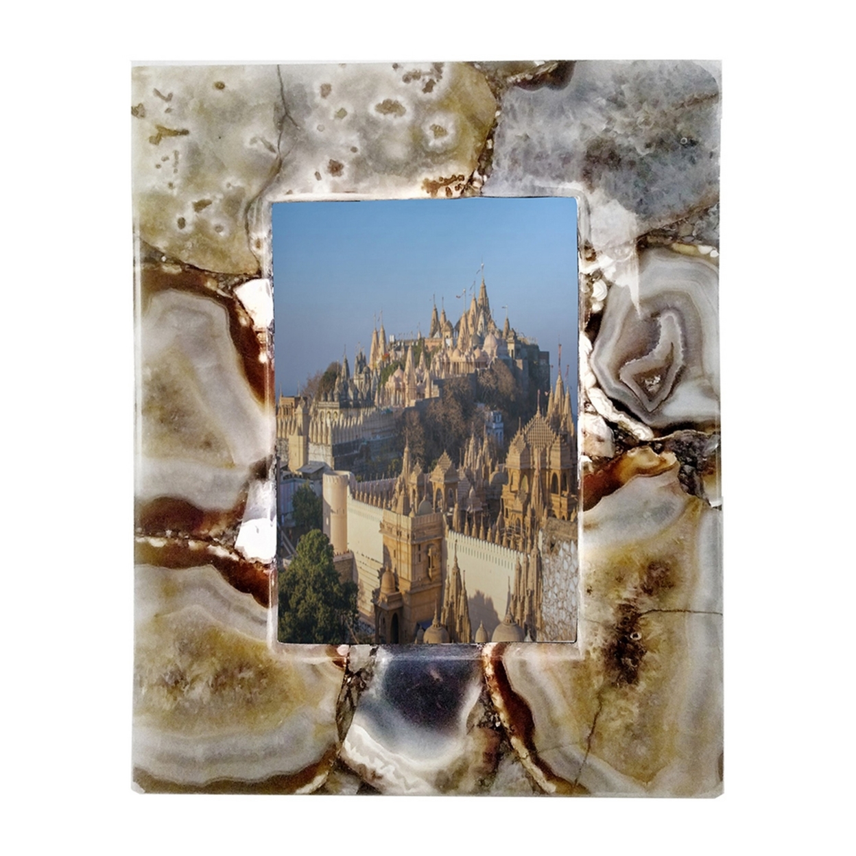 9 Inch Accent Photo Frame, Agate Stone, 6 Inch Photo Opening, Brown, White- Saltoro Sherpi