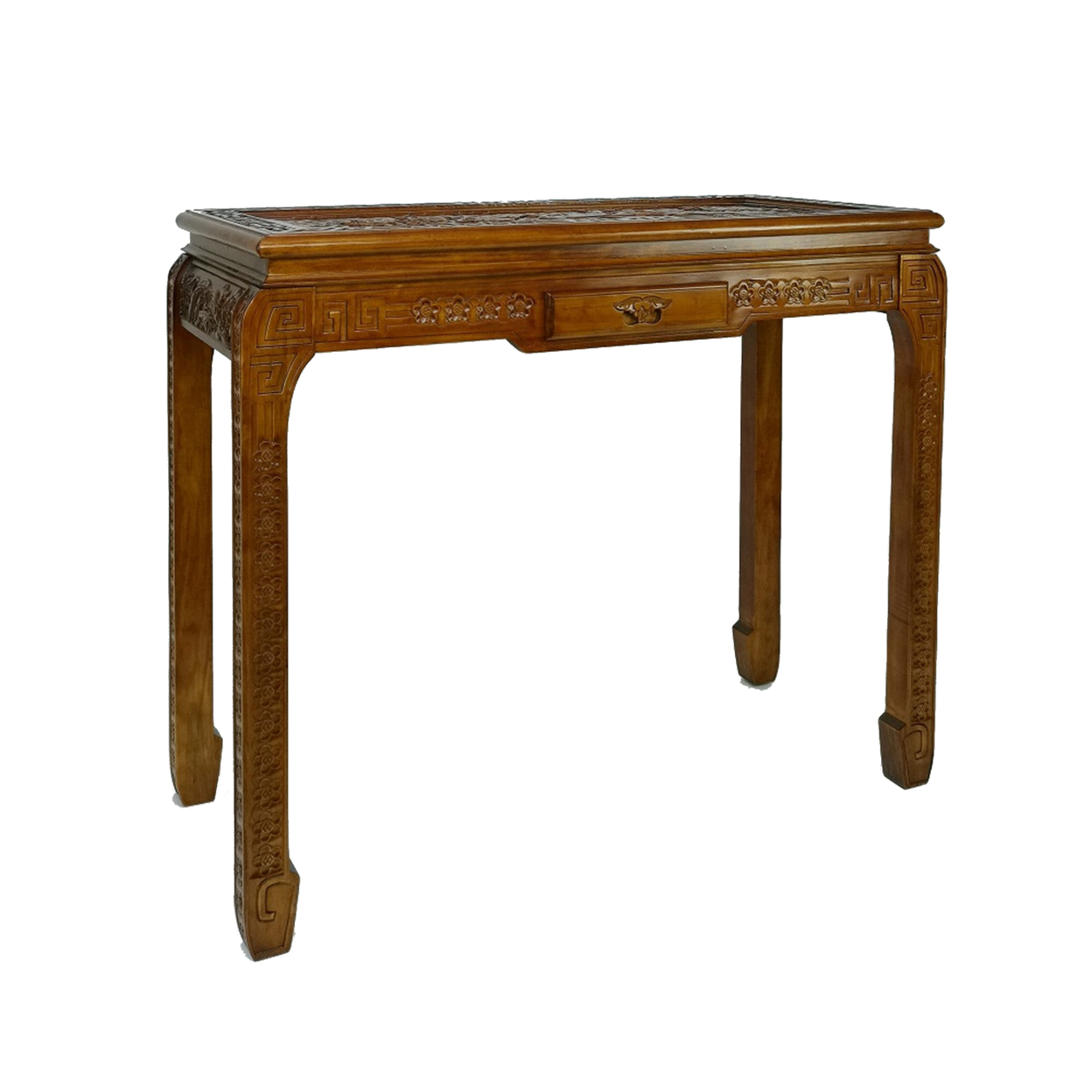 Mai 36 Inch Classic Wood Console Table, 1 Drawer, Floral Carving, Brown- Saltoro Sherpi- Saltoro Sherpi