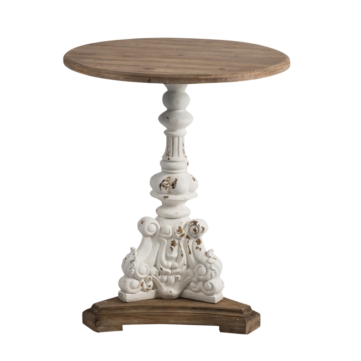 Prana 31 Inch Round Accent Table, Expertly Carved Fir Wood, Brown, Antique White- Saltoro Sherpi