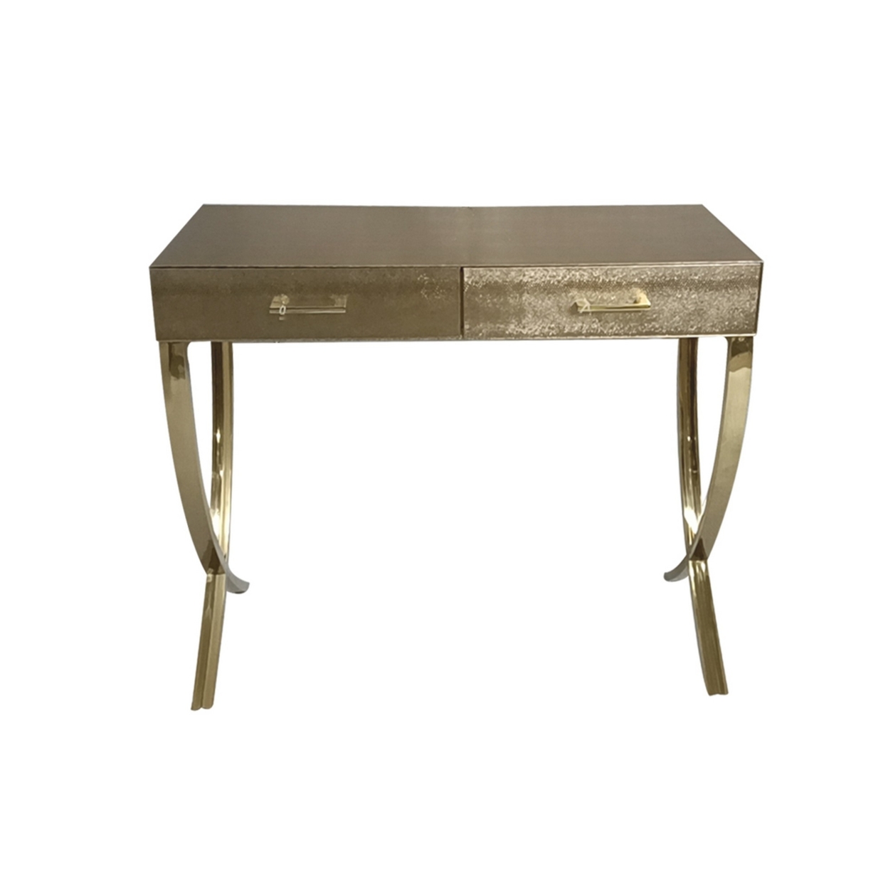39 Inch Sofa Console Table, 2 Drawers, Vegan Faux Leather, Champagne Gold- Saltoro Sherpi