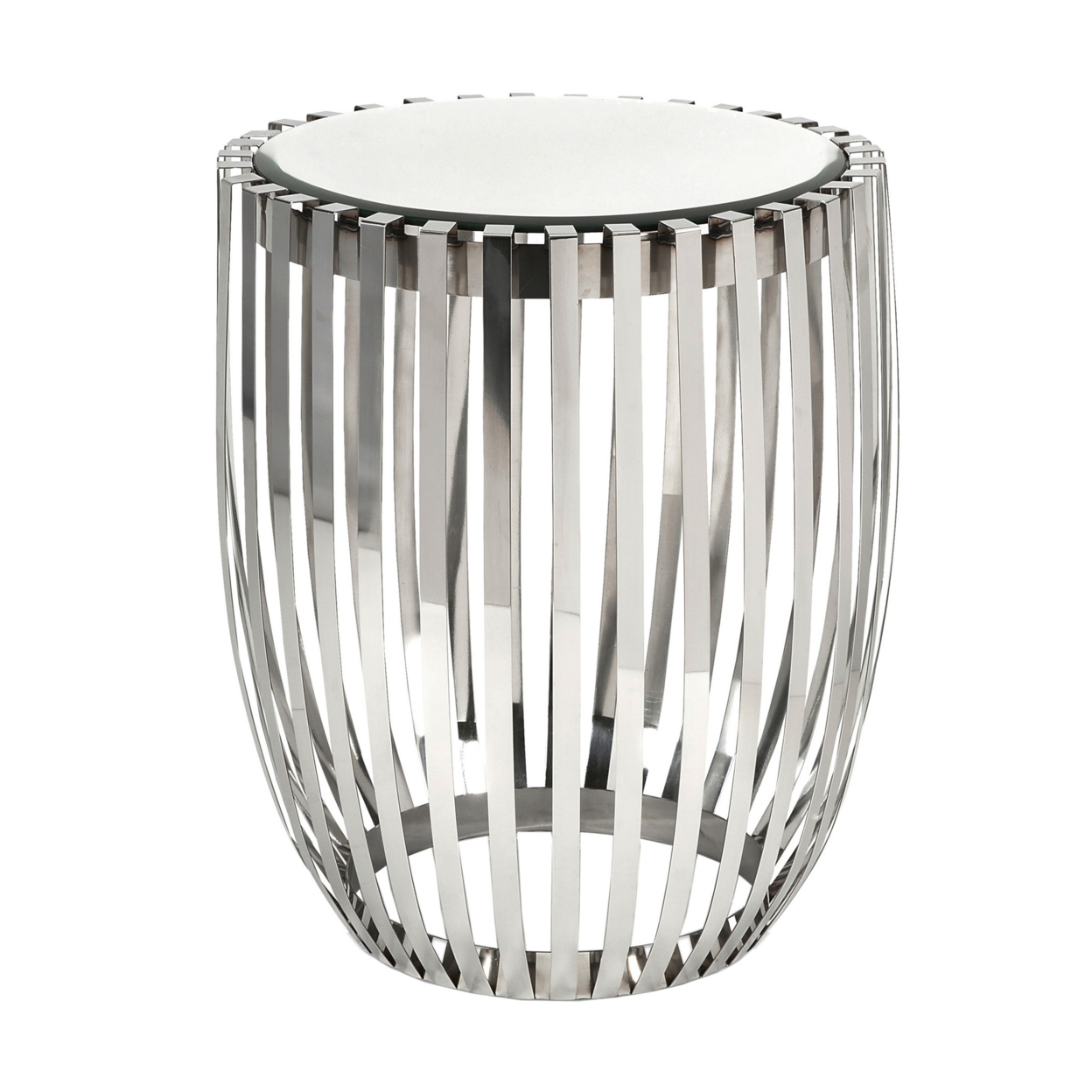 23 Inch Accent Side Table, Polished Steel Ribs, Drum, Mirrored Top, Silver, Saltoro Sherpi