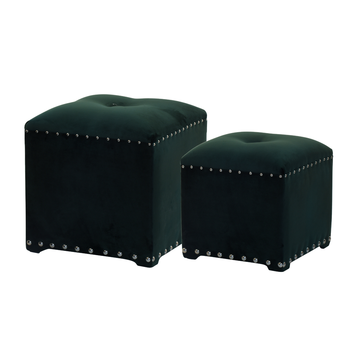 19, 16 Inch Square Ottoman, Luxurious Velvet Upholstery, Set Of 2, Dark Green- Saltoro Sherpi