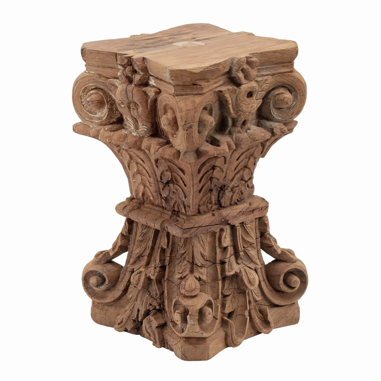 19 Inch Classic Stool Table, Carved Pillar Accent, Wood, Antique Brown, Saltoro Sherpi