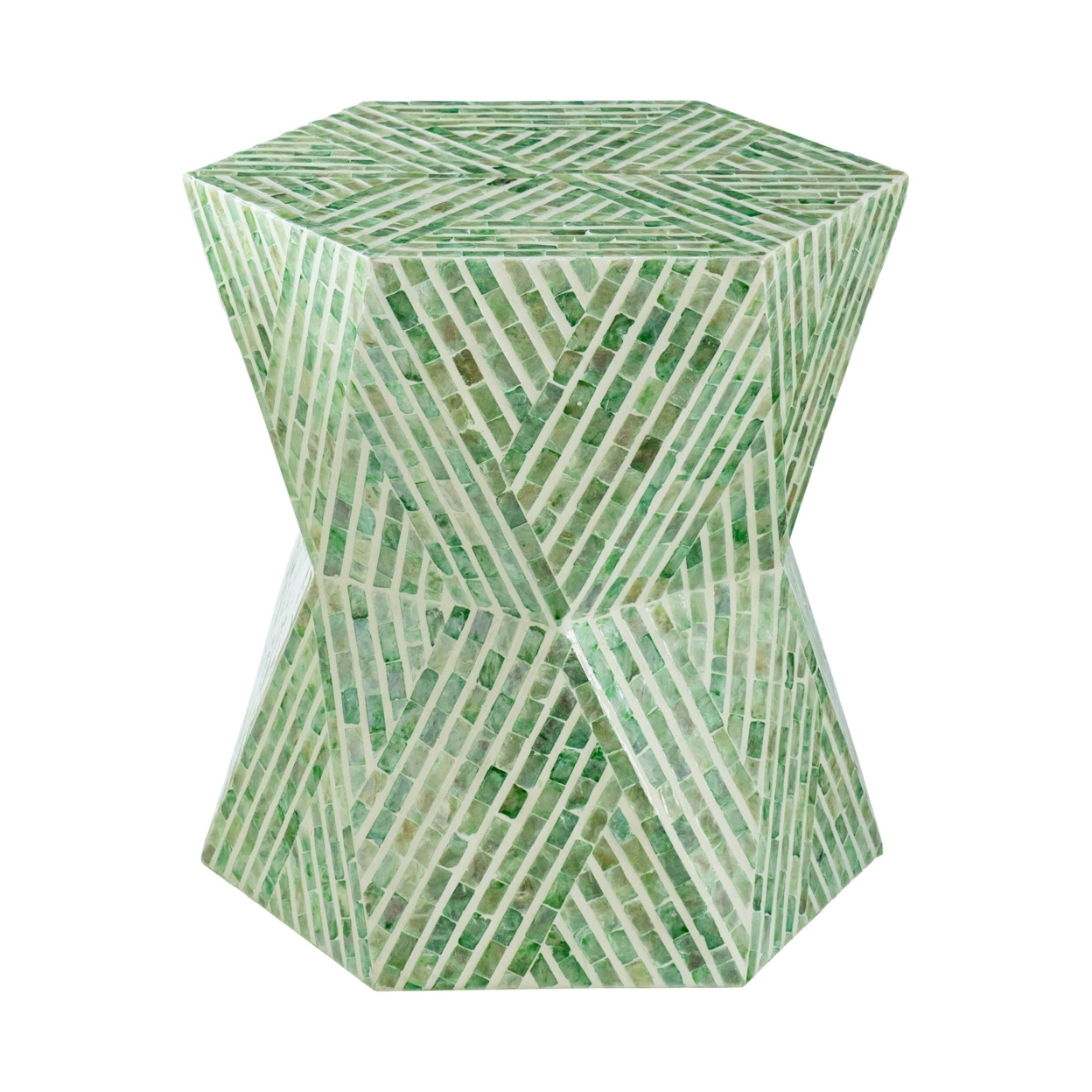 20 Inch Stool Table, Capiz Shell Inlay, Hexagonal Geometric Design, Green, Saltoro Sherpi