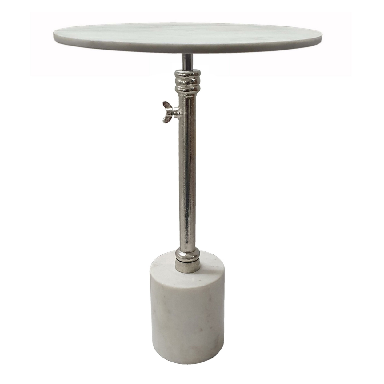 24 Inch Side Table, Aluminum Frame, Smooth Marble Top, Pedestal Base, White, Saltoro Sherpi