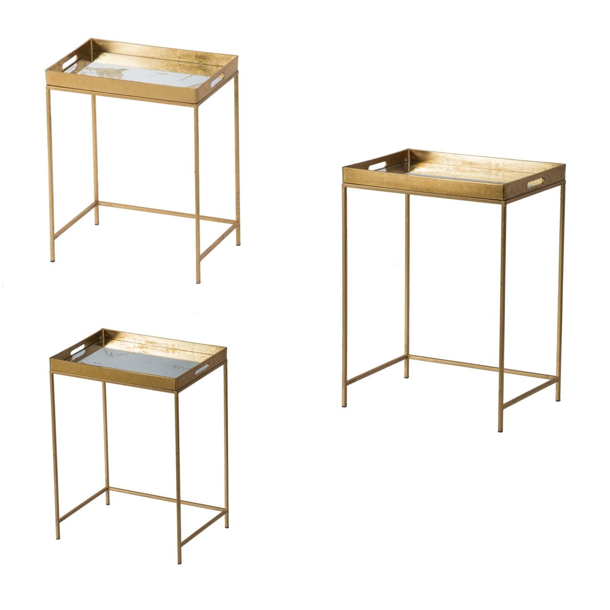 26, 23, 19 Inch Accent Table Set Of 3, Removable Mirrored Trays, Gold, Saltoro Sherpi