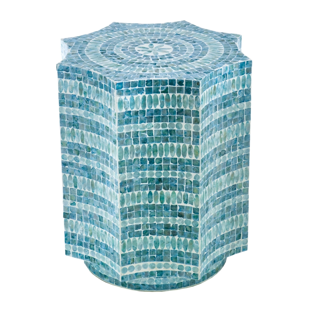 20 Inch Stool Table, Capiz Shell Inlay, Floral Geometric Design, Turquoise, Saltoro Sherpi