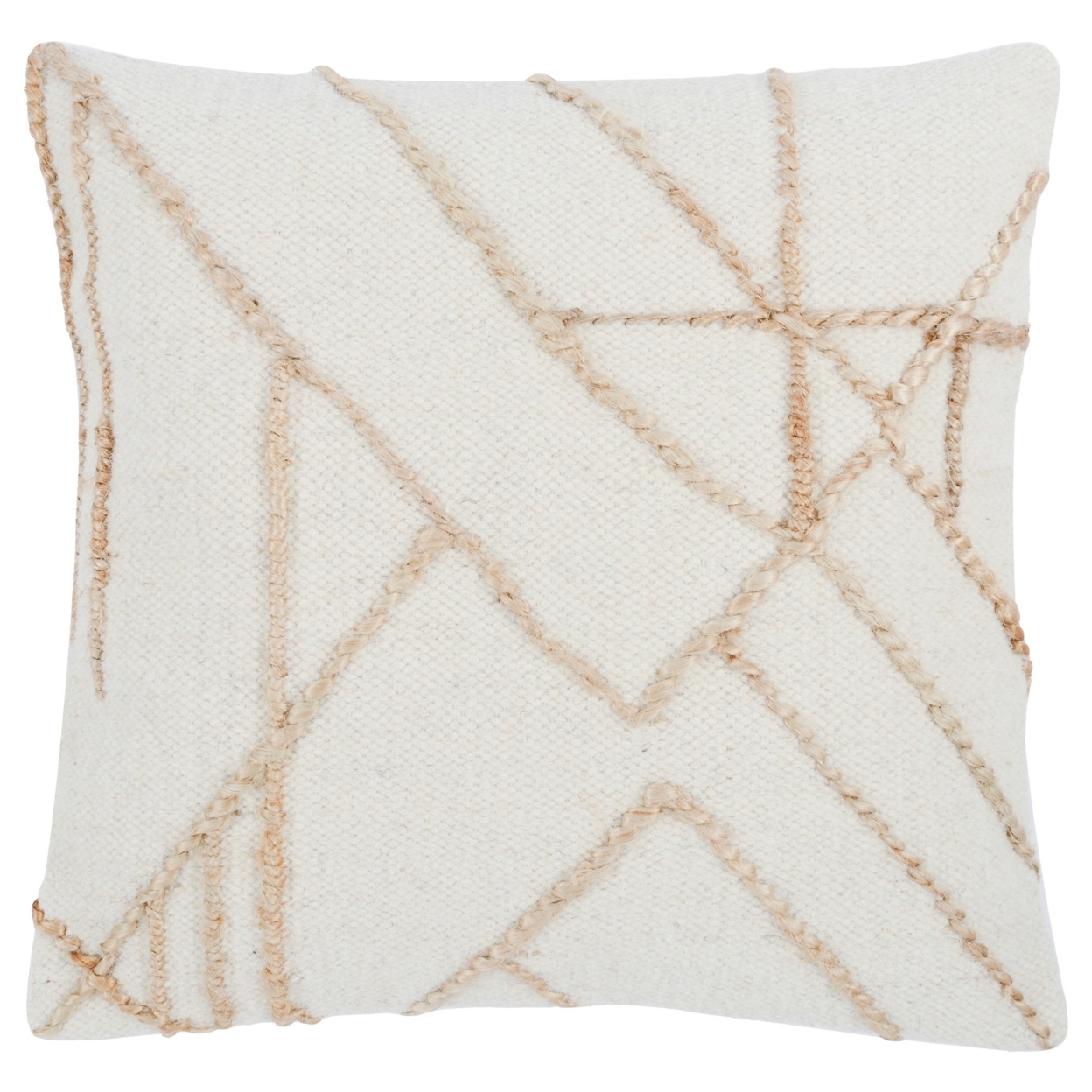 22 Inch Square Accent Throw Pillow, Jute Geometric Patterns, Wool, Ivory, Saltoro Sherpi