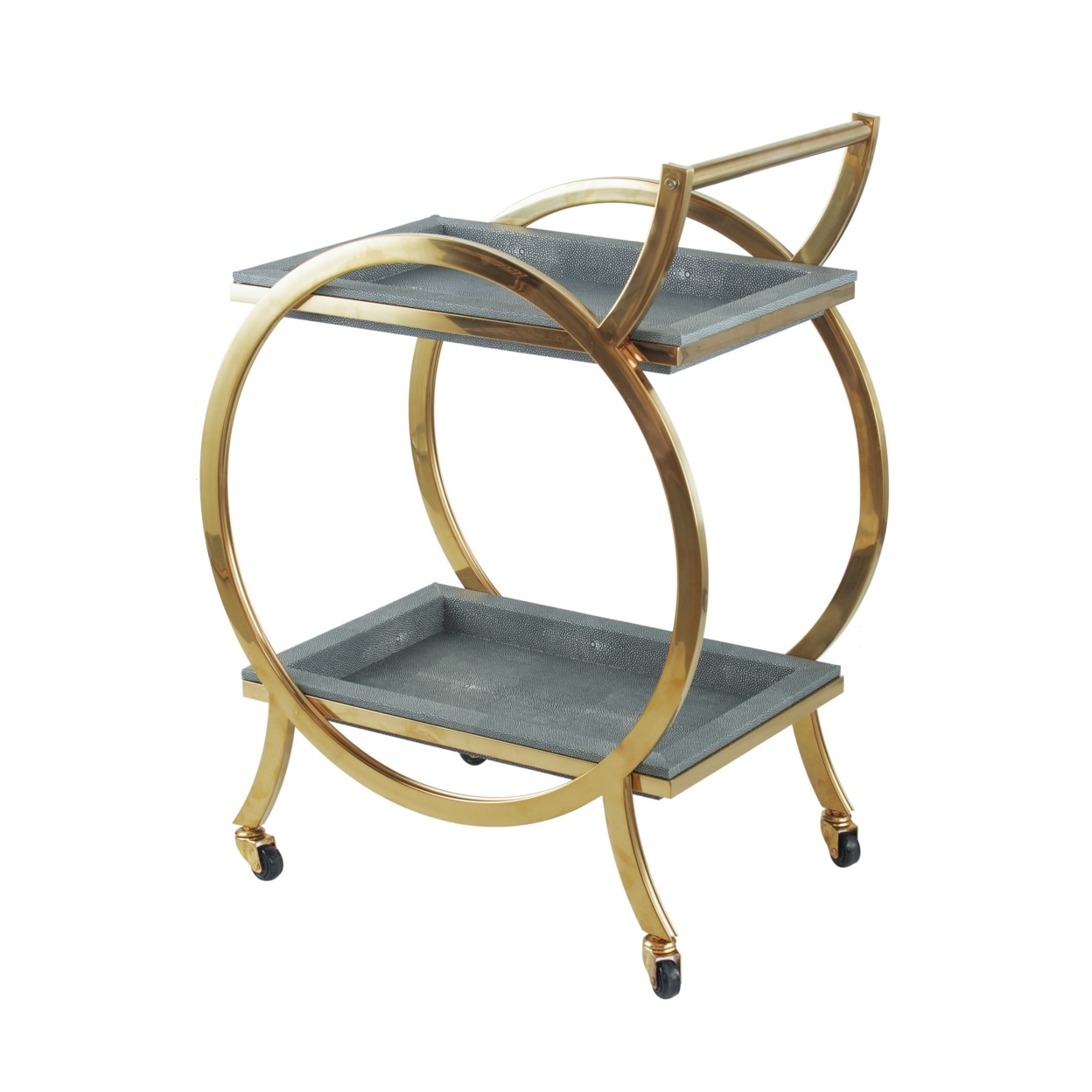 Sia 34 Inch Rolling Bar Cart, Round Steel Frame, Removable Trays Gray, Gold, Saltoro Sherpi