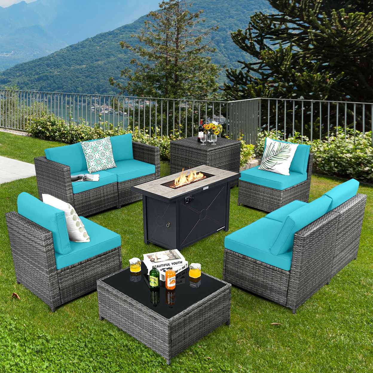 9 PCS Patio Rattan Furniture Set Fire Pit Table Storage Black W/ Cover - Turquoise