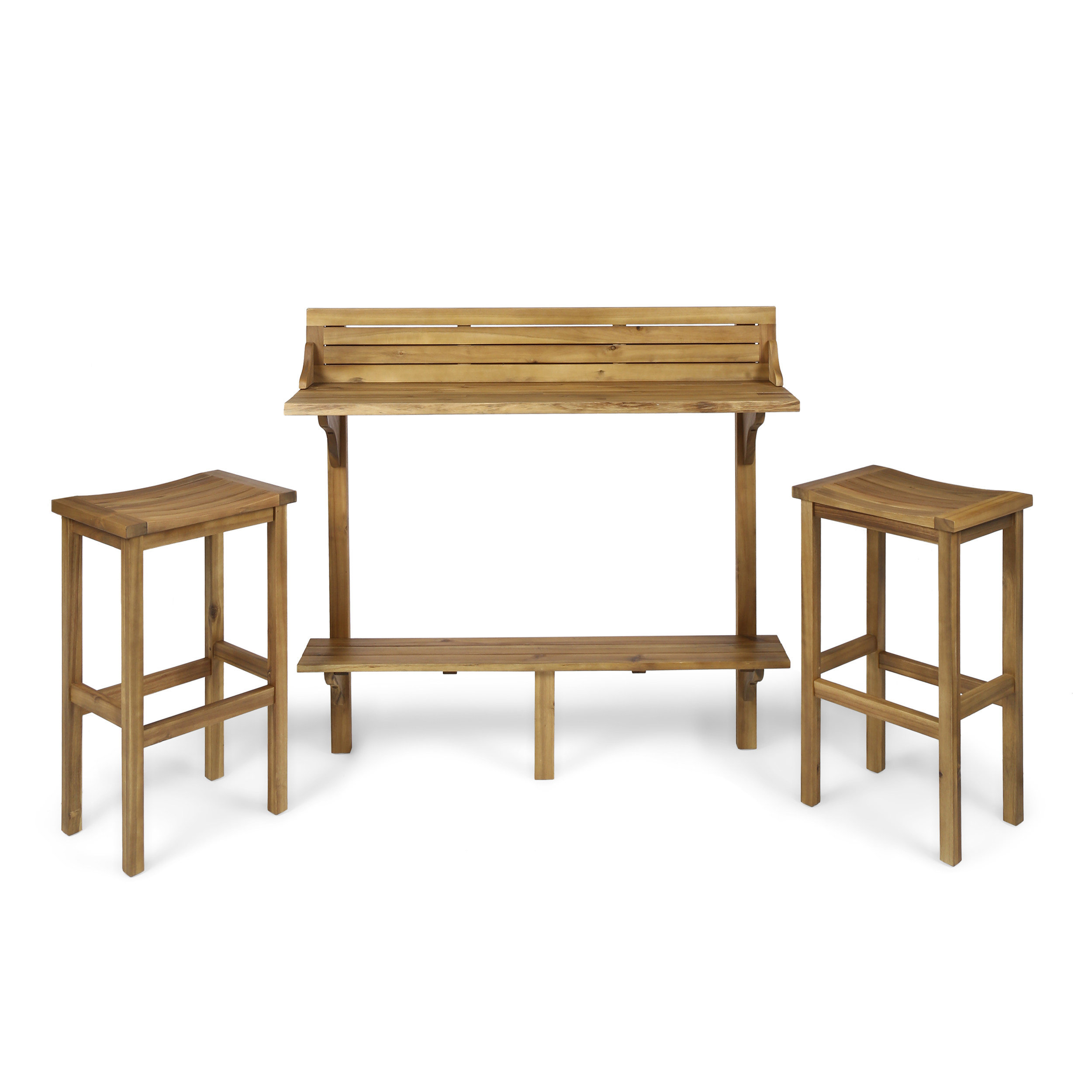 Cassie Outdoor 3 Piece Acacia Wood Balcony Bar Set - Natural Stained