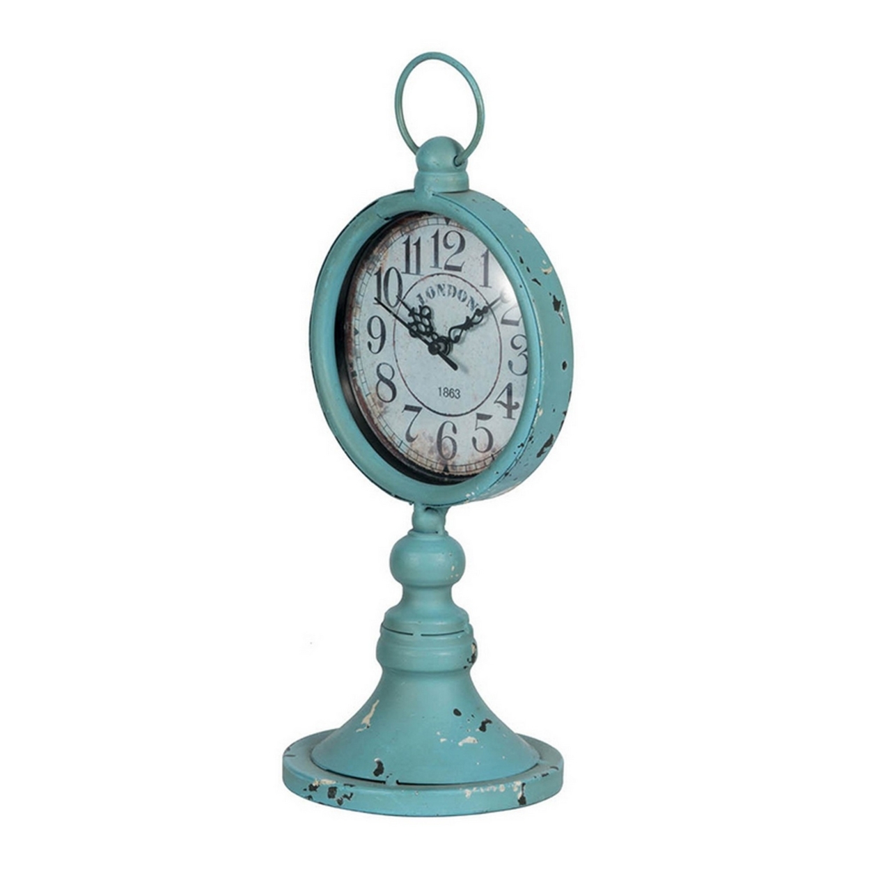 13 Inch Decorative Table Clock, Iron, Vintage Inspired Design, Aqua Blue- Saltoro Sherpi