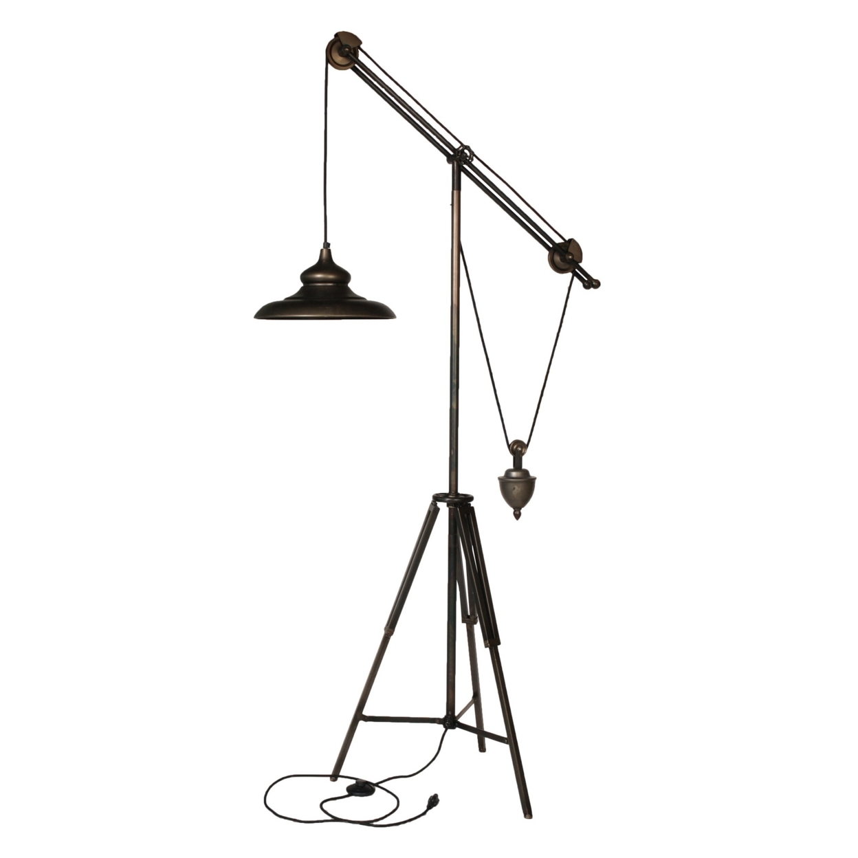 71 Inch Floor Lamp, Adjustable Length Arm, Tripod Iron Base, Bronze Finish- Saltoro Sherpi