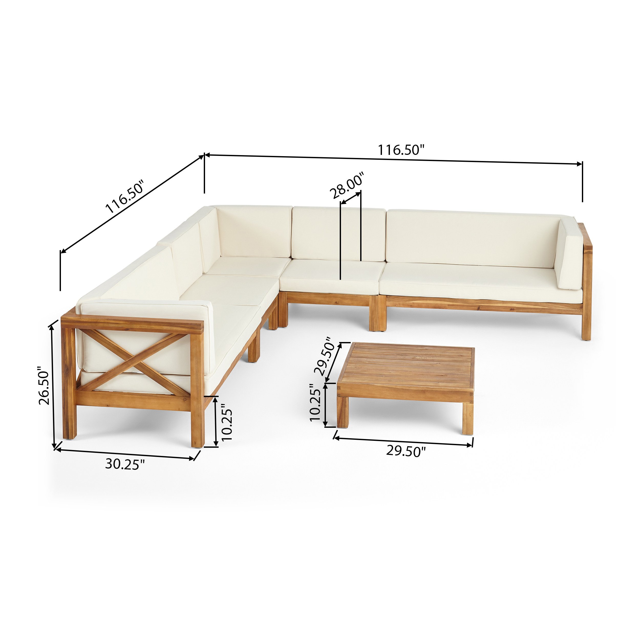 Bunny Outdoor 7 Seater Acacia Wood Sectional Sofa Set - Teak + Anemone