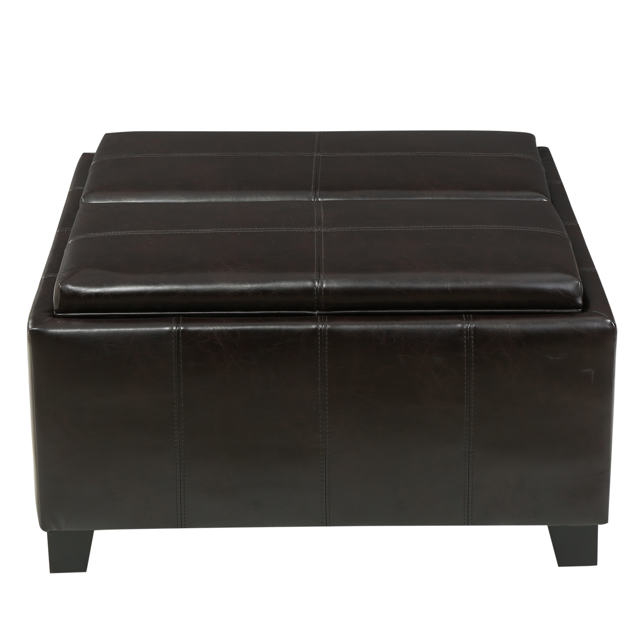 Justin 2-Tray-Top Brown Leather Ottoman Coffee Table With Storage
