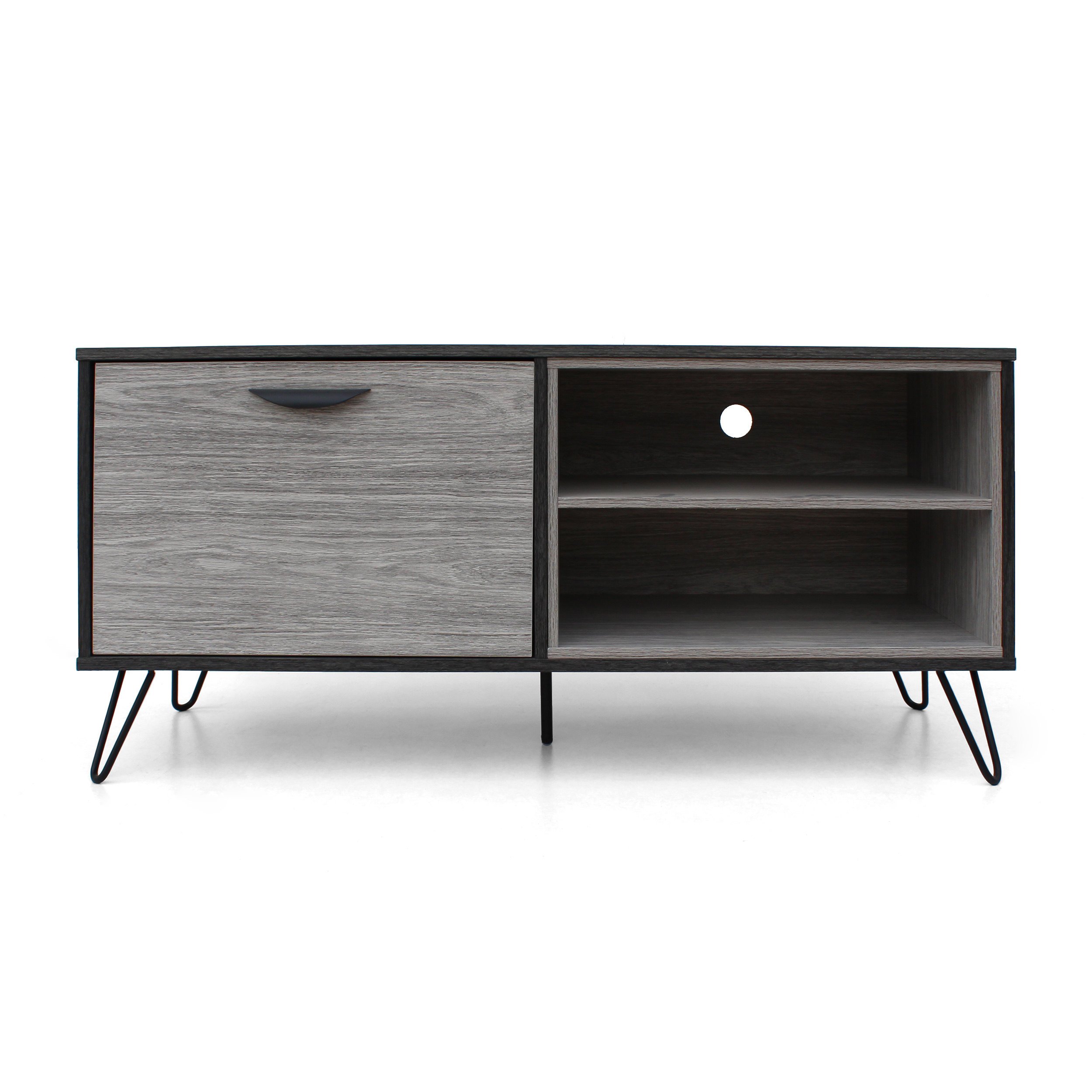 Vivian Mid Century Modern Two Toned Gray Oak Finished Faux Wood TV Stand With Hairpin Legs