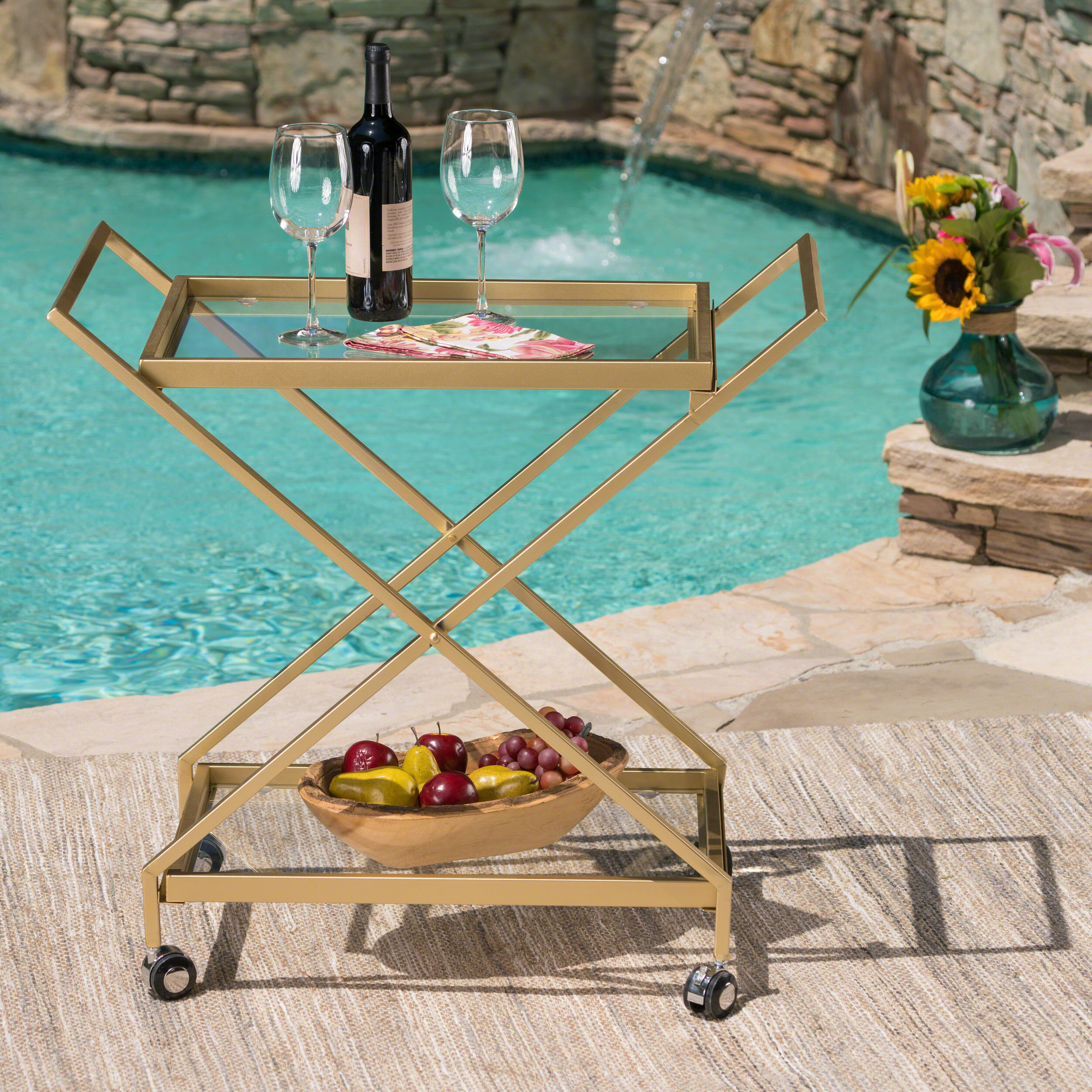 Easter Indoor Industrial Iron And Glass Bar Cart, Gold