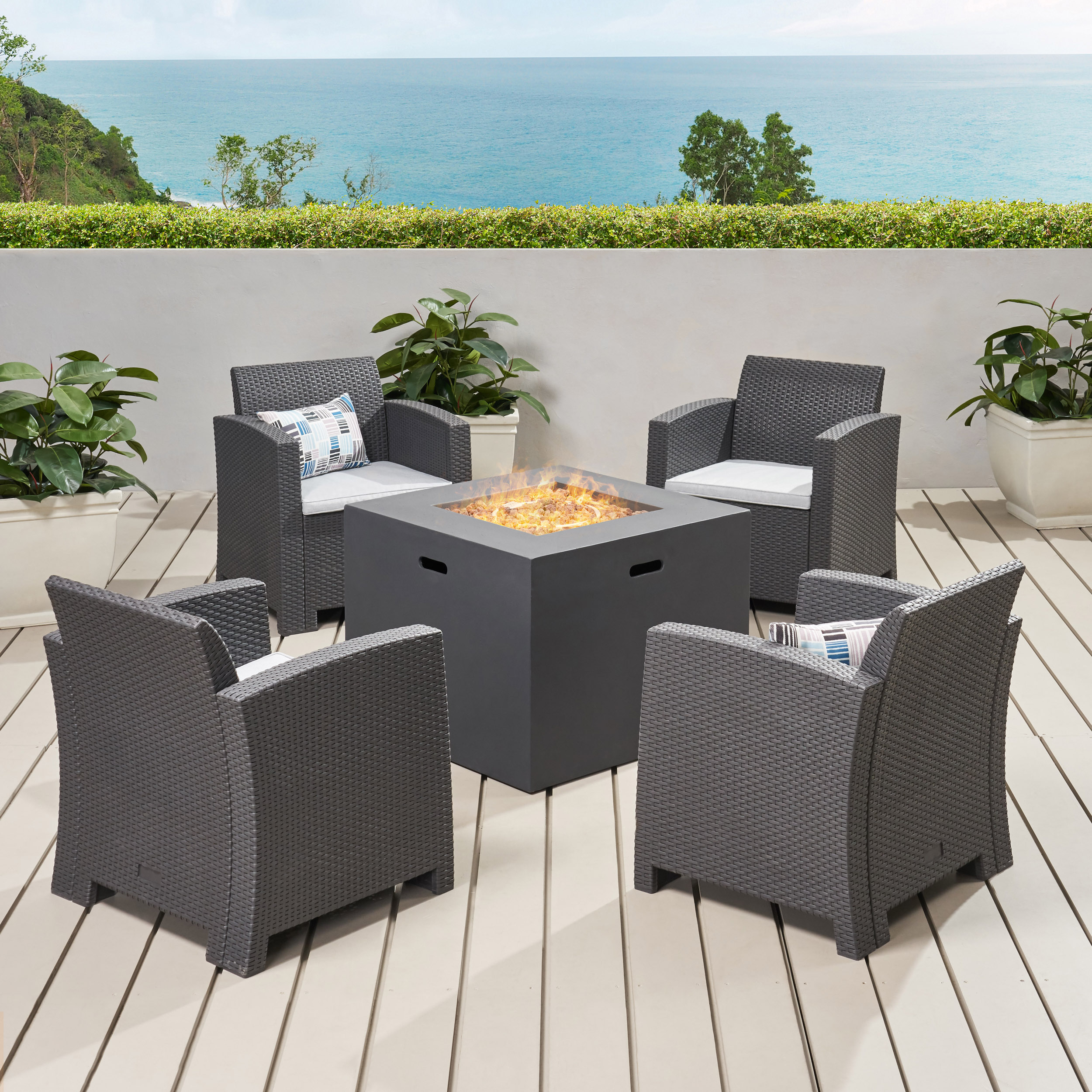 Houston Outdoor 4-Seater Wicker Print Chat Set With Propane Fire Pit - Brown + Mixed Biege + Light Gray
