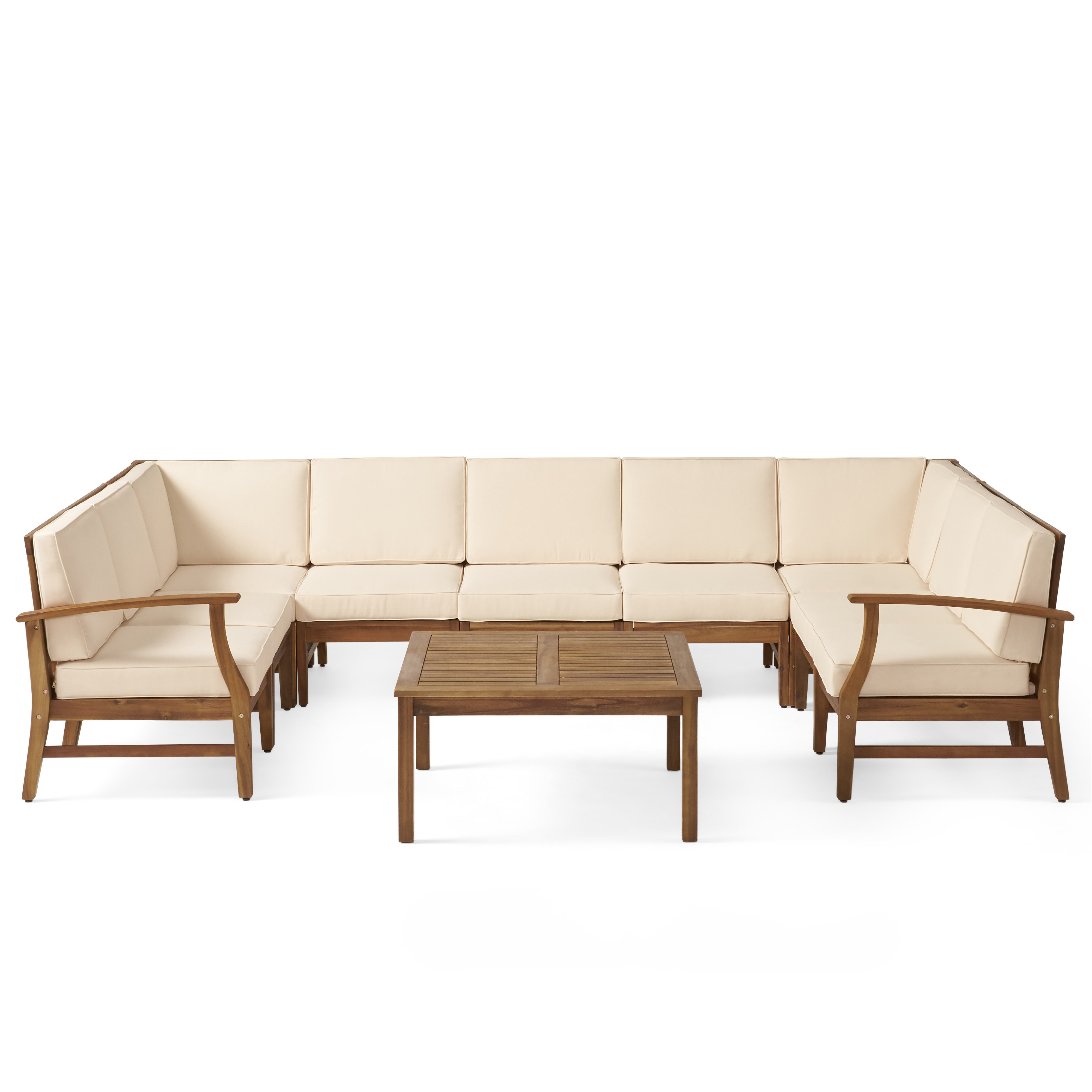 Judith Outdoor 9 Seater Acacia Wood Sectional Sofa Set With Cushions - Blue Cushion