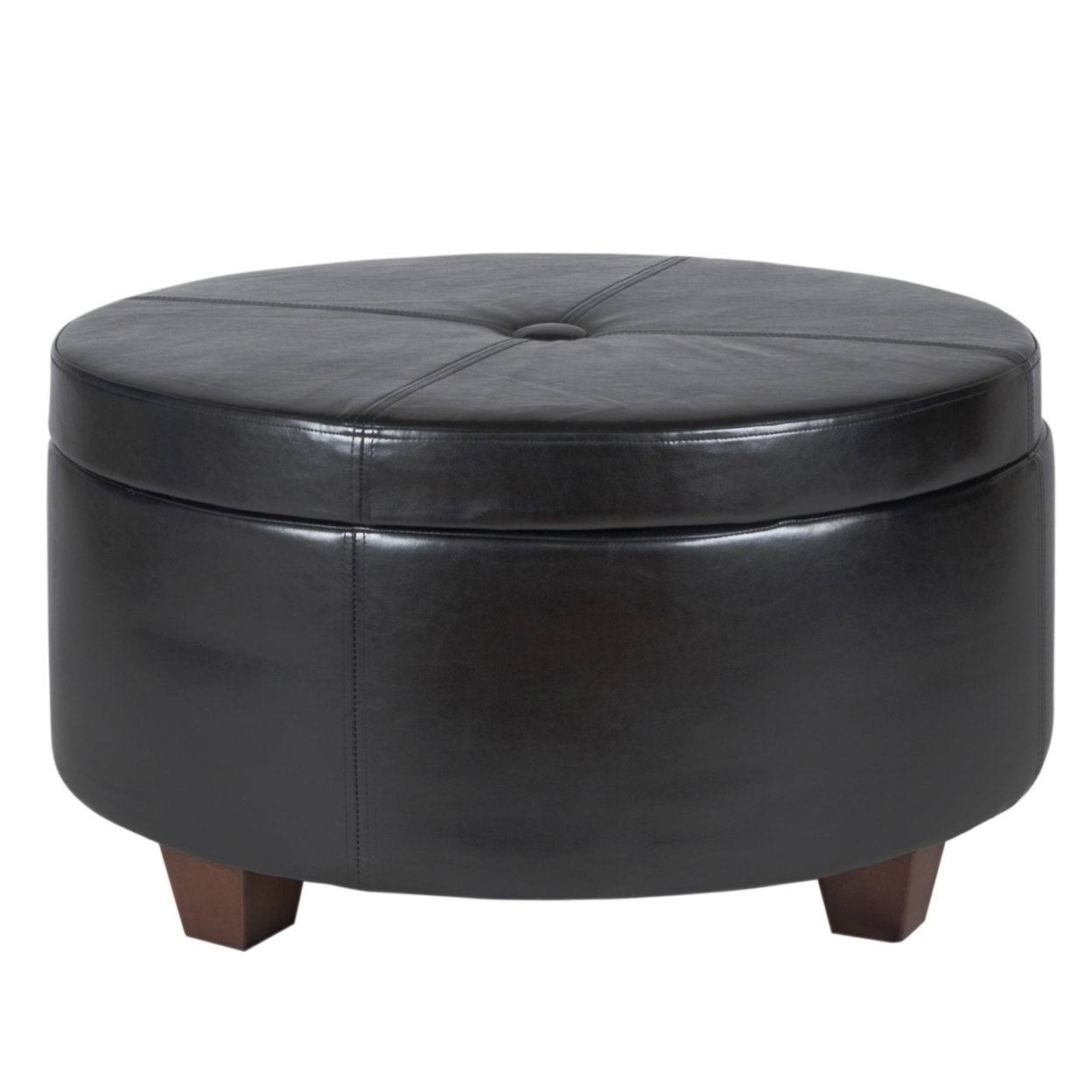 Leatherette Single Button Tufted Round Ottoman With Wooden Feet, Large, Black And Brown-Saltoro Sherpi