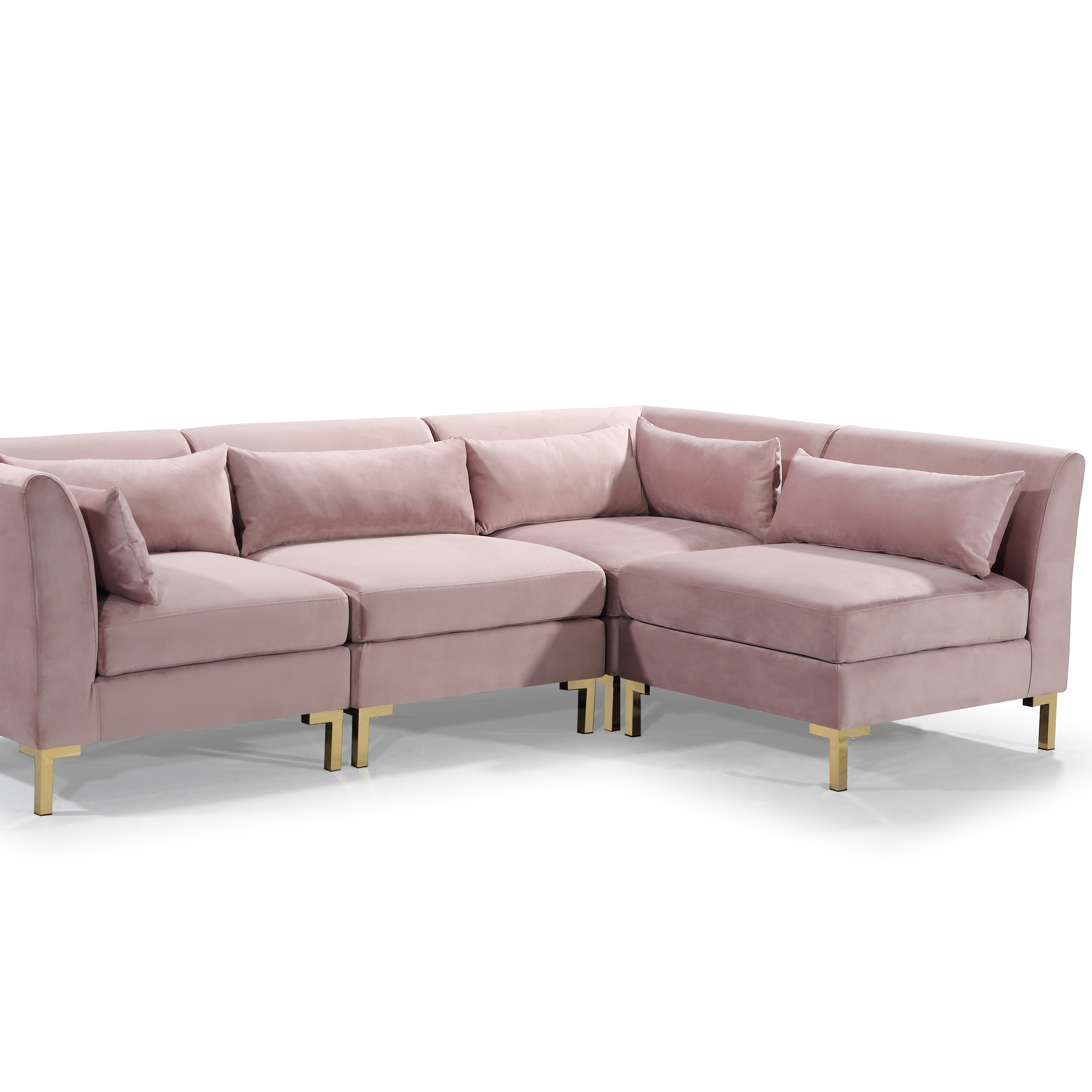 Greco Modular Chaise Sectional Sofa Solid Gold Tone Metal Y-Leg With 6 Throw Pillows - Blush