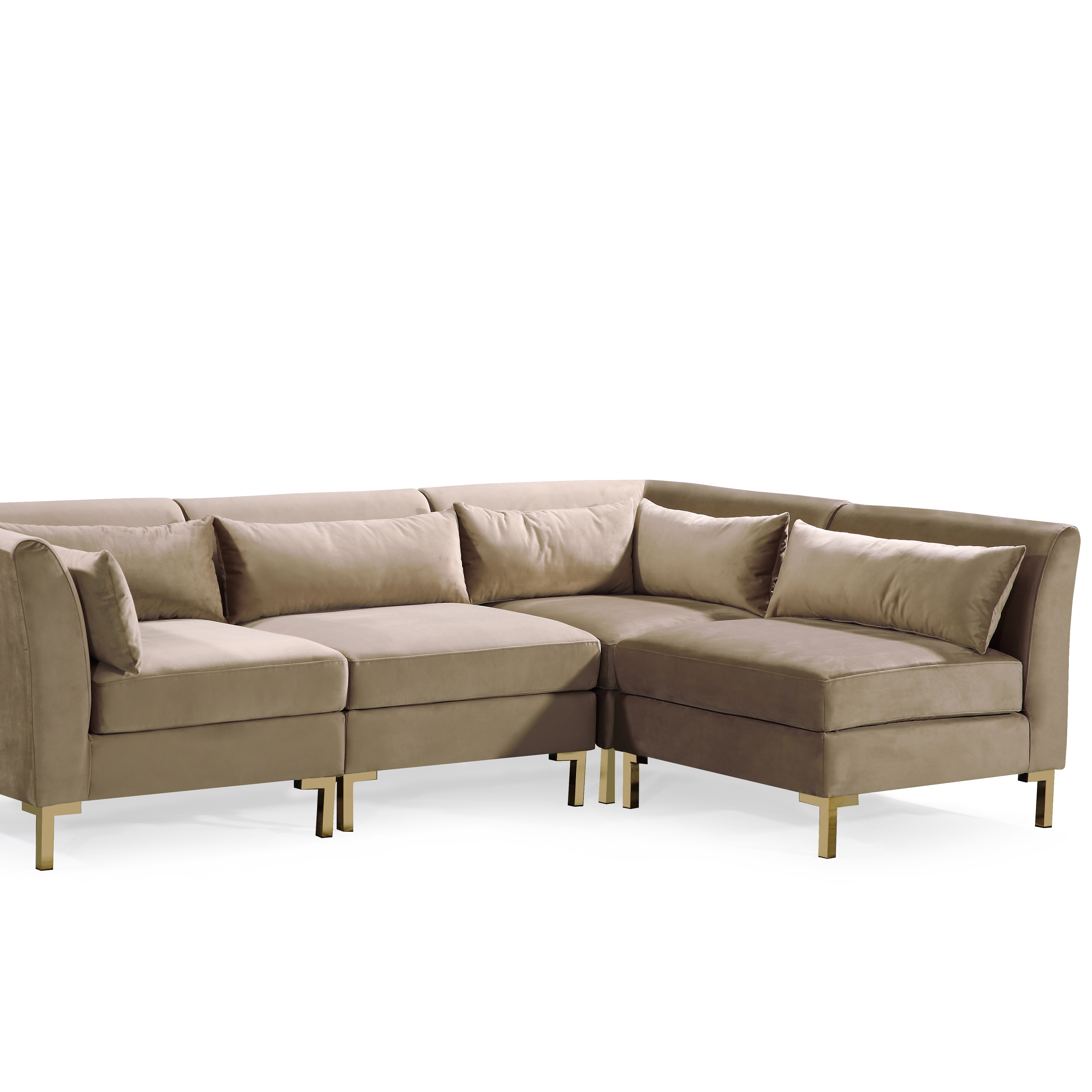 Greco Modular Chaise Sectional Sofa Solid Gold Tone Metal Y-Leg With 6 Throw Pillows - Taupe