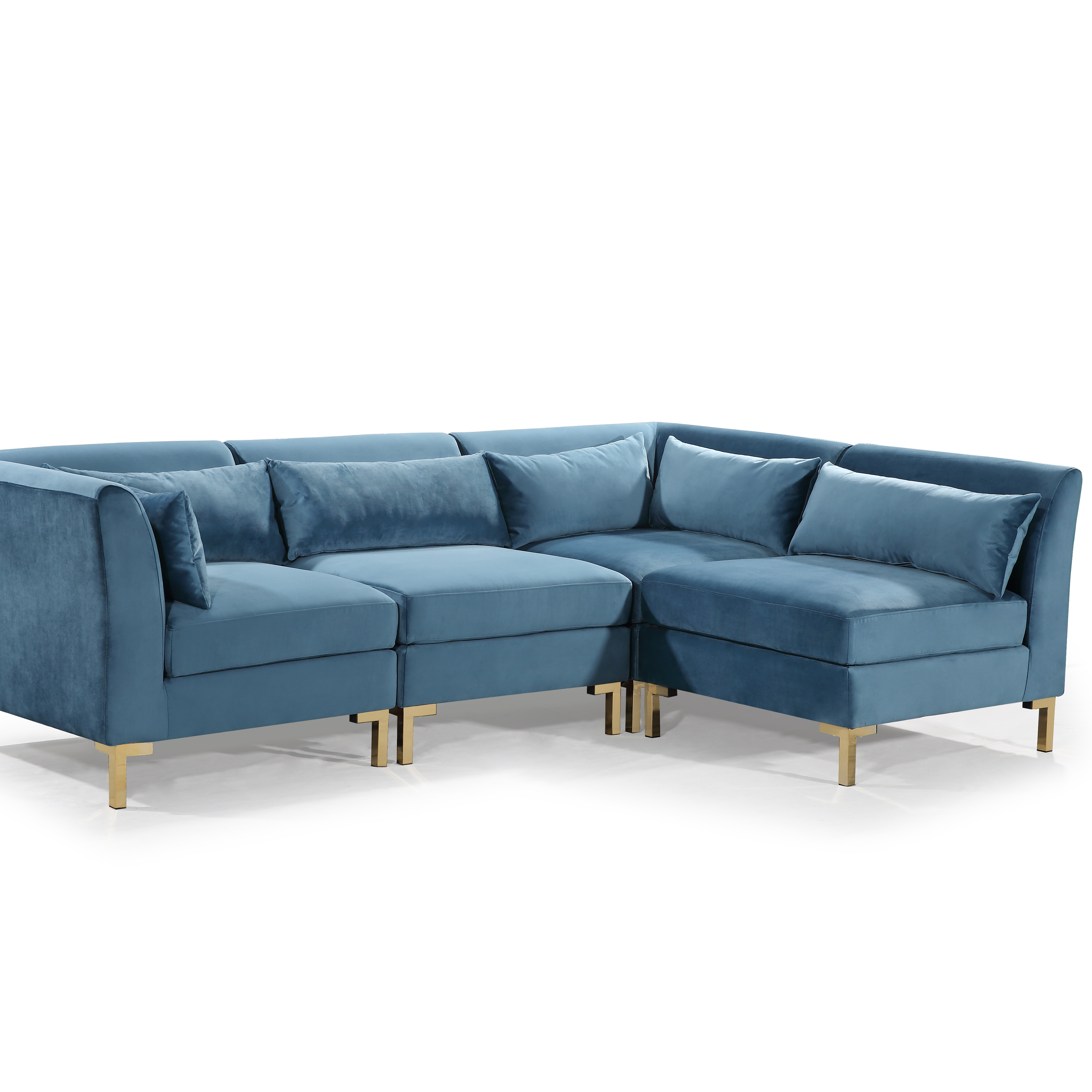 Greco Modular Chaise Sectional Sofa Solid Gold Tone Metal Y-Leg With 6 Throw Pillows - Teal