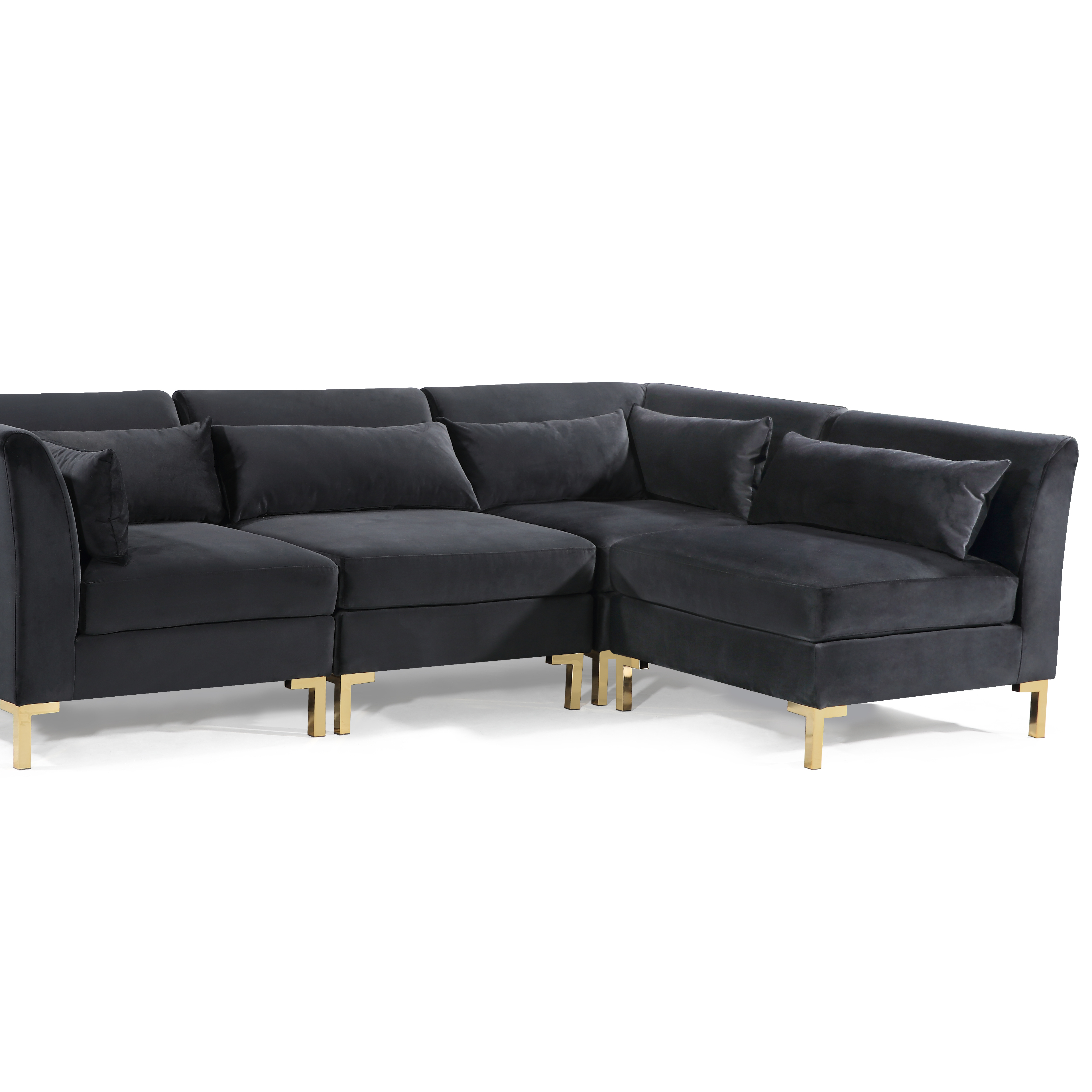 Greco Modular Chaise Sectional Sofa Solid Gold Tone Metal Y-Leg With 6 Throw Pillows - Black