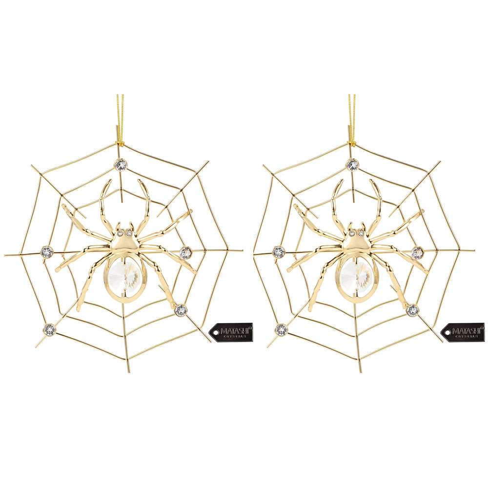 Lot Of (2)Matashi 24K Gold Plated Crystal Studded Lucky Spider Hanging Ornaments For Christmas Tree Spider Miracle Traditions
