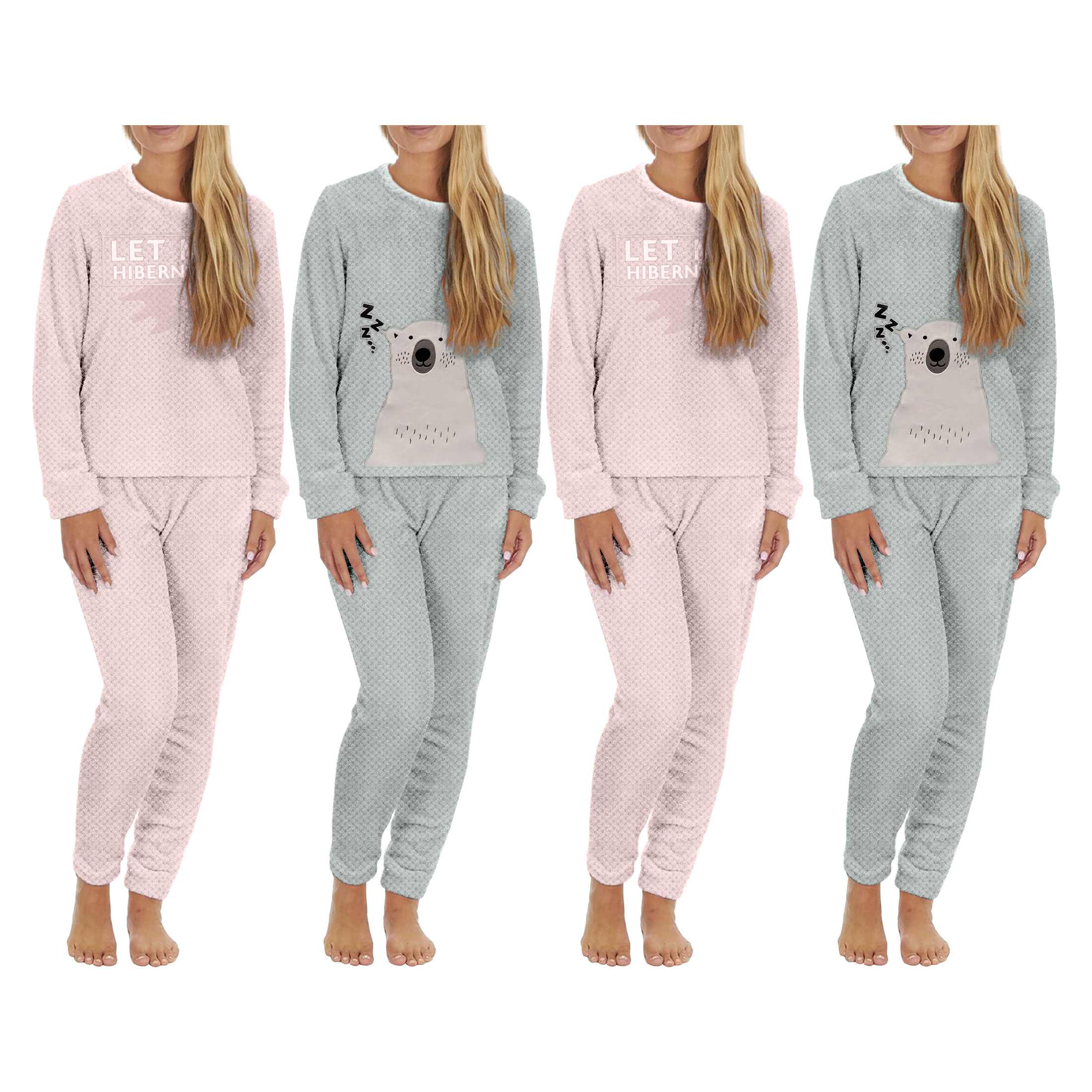 4-Piece: Plush Popcorn Knit Top And Jogger Pants Pajama Set - Pink, Large