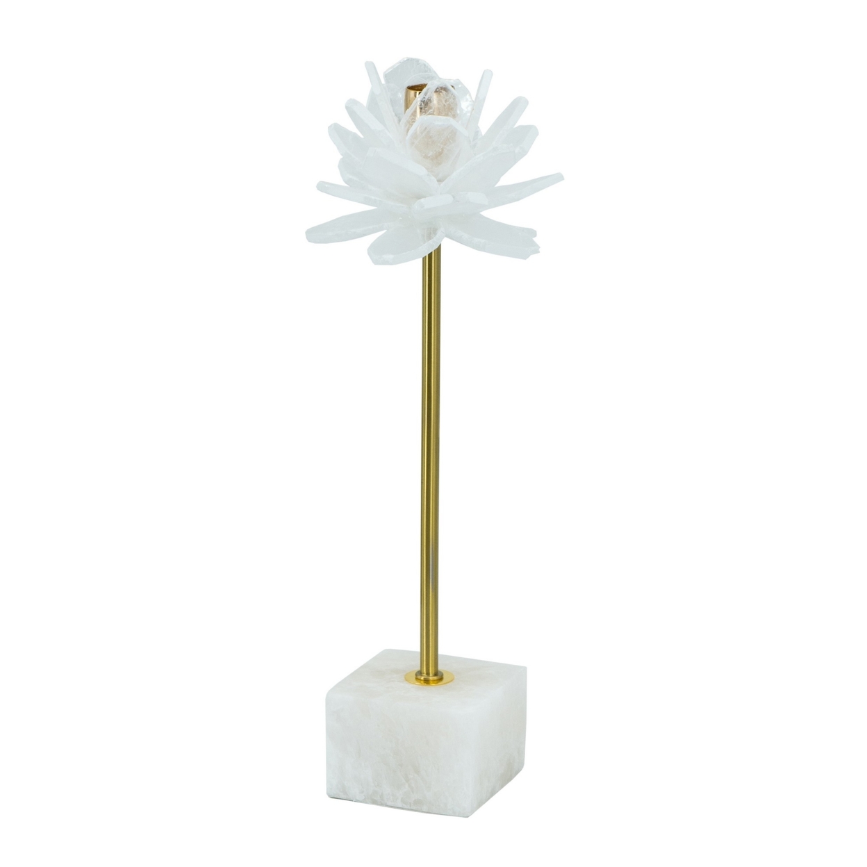 Sel 14 Inch Candle Holder With Modern Selenite Stone Accent, Gold And White- Saltoro Sherpi